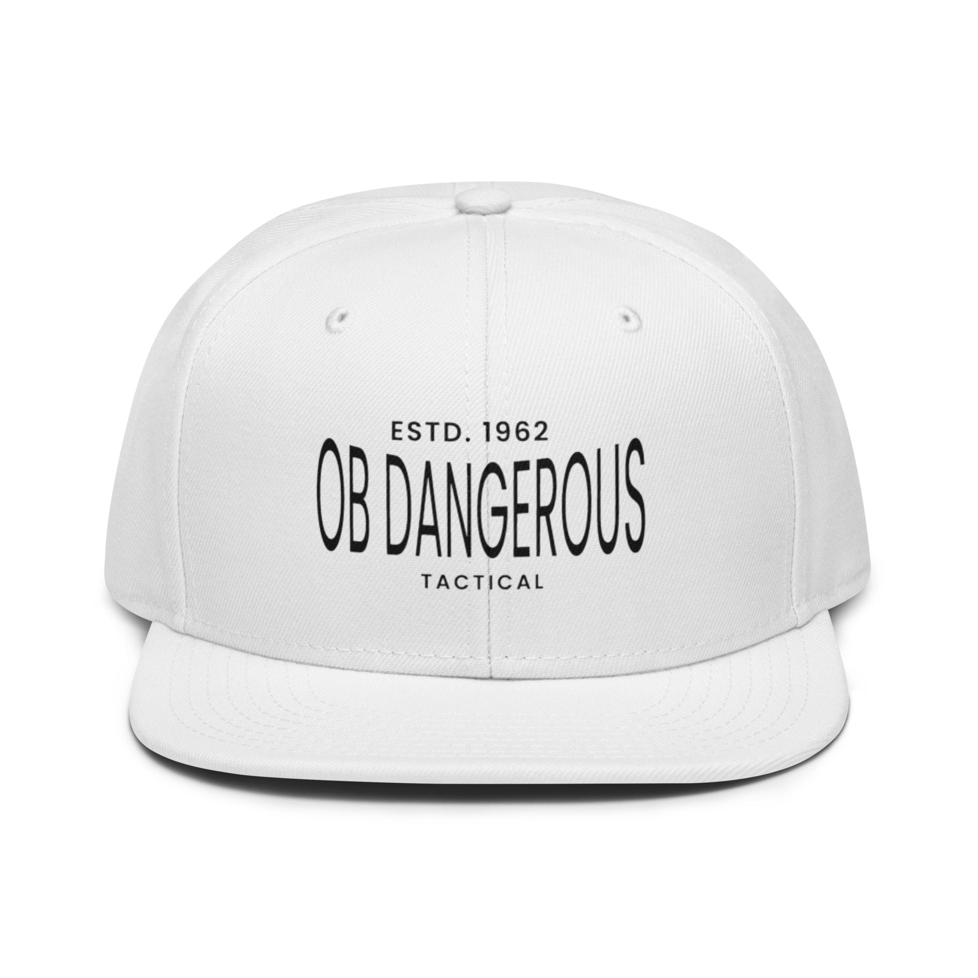 White embroidered snapback hat by OB DANGEROUS with bold front design, perfect for gym, streetwear, and casual styles.