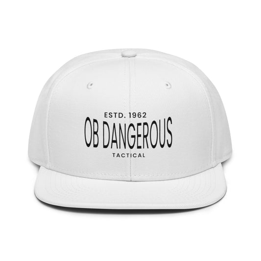 White embroidered snapback hat by OB DANGEROUS with bold front design, perfect for gym, streetwear, and casual styles.