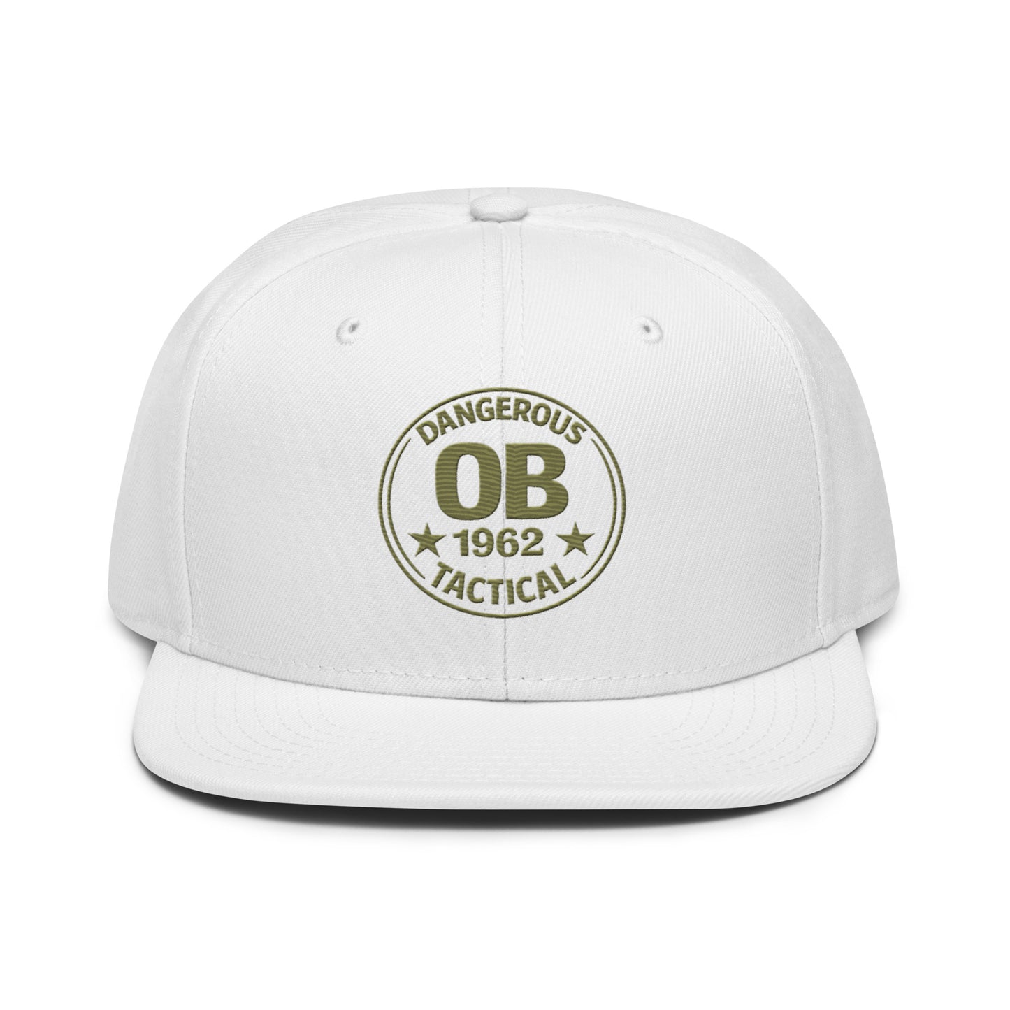 White embroidered snapback hat by OB DANGEROUS featuring bold front design, perfect for gym, streetwear, and casual style.
