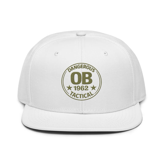 White embroidered snapback hat by OB DANGEROUS featuring bold front design, perfect for gym, streetwear, and casual style.