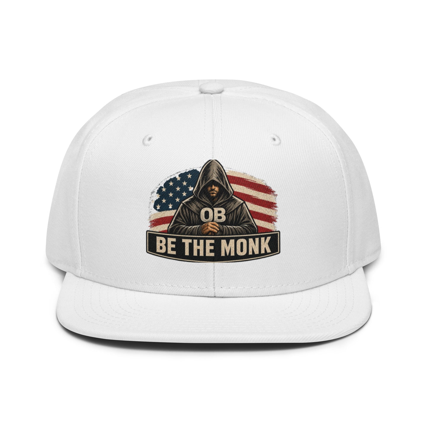 White Be The Monk OBDangerous snapback hat with embroidered design, stylish and versatile for gym, streetwear, and casual wear.