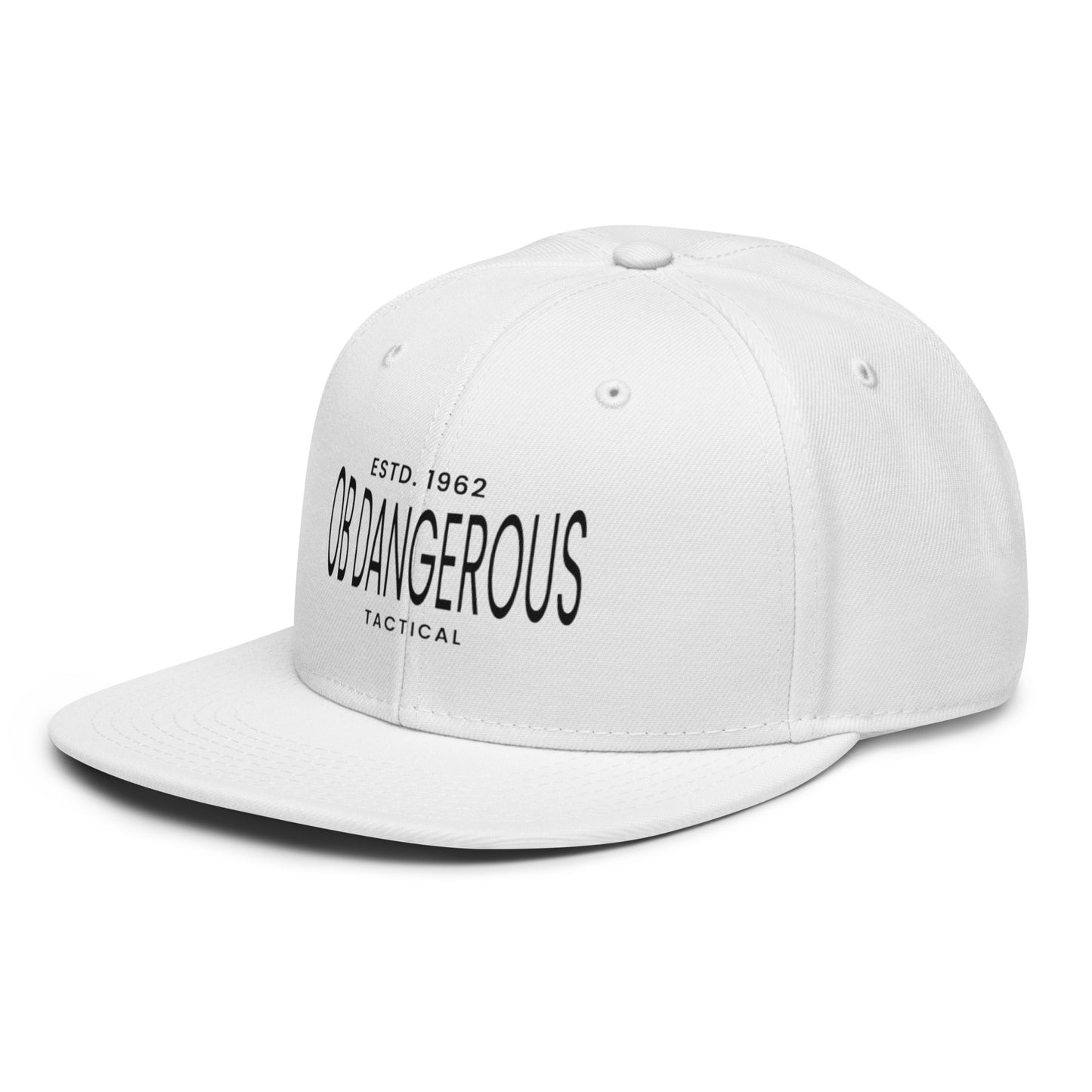 White embroidered OBDangerous tactical snapback hat with front logo, designed for gym, street, and casual wear.