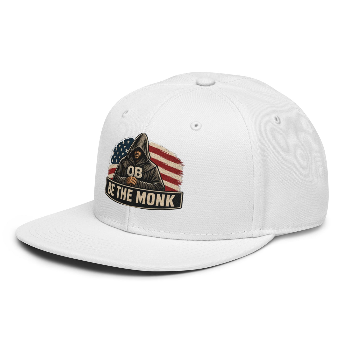 White embroidered snapback hat by OB DANGEROUS with "Be The Monk" design, featuring a front left embroidery detail.