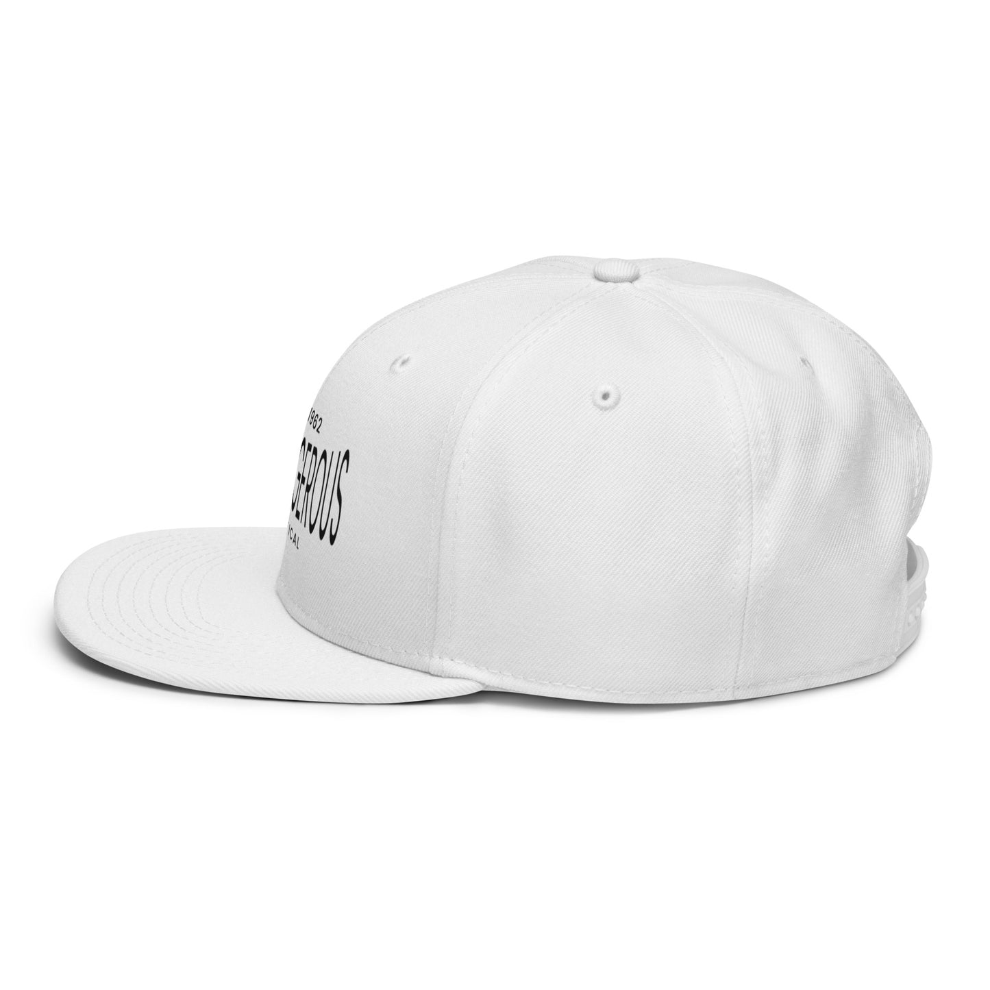 White embroidered OB DANGEROUS tactical snapback hat shown from the left side, designed for gym and streetwear style.