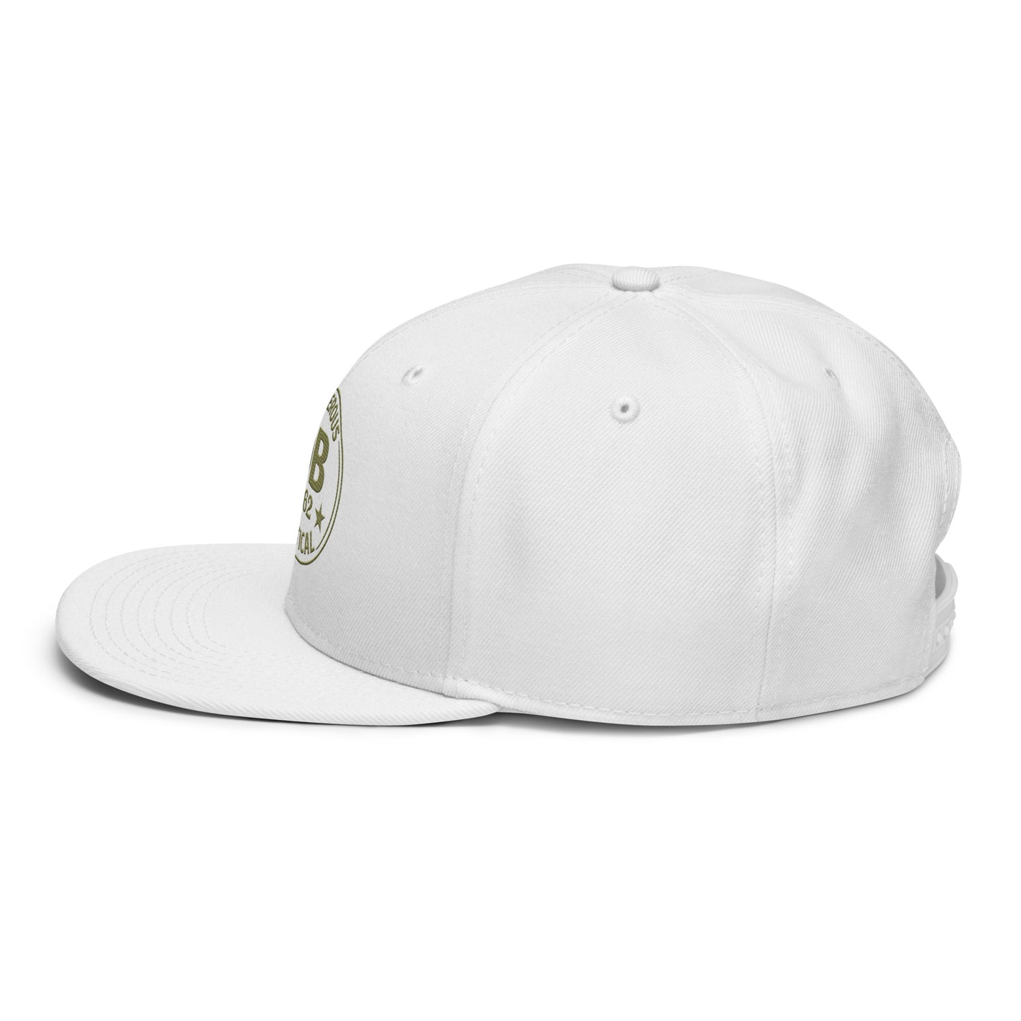 White embroidered snapback hat by OB DANGEROUS with side view, designed for gym and street style.