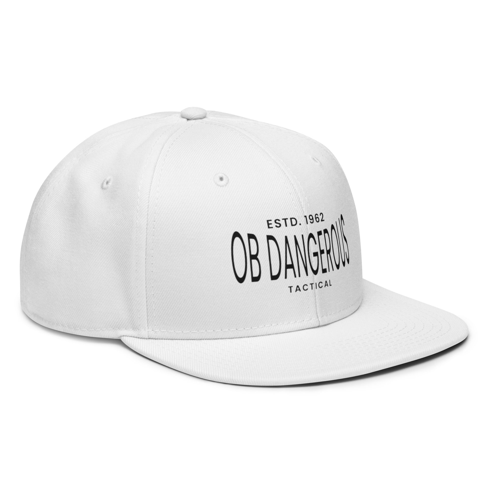 White embroidered snapback hat by OB DANGEROUS with front and right-side views, designed for gym and streetwear styles.