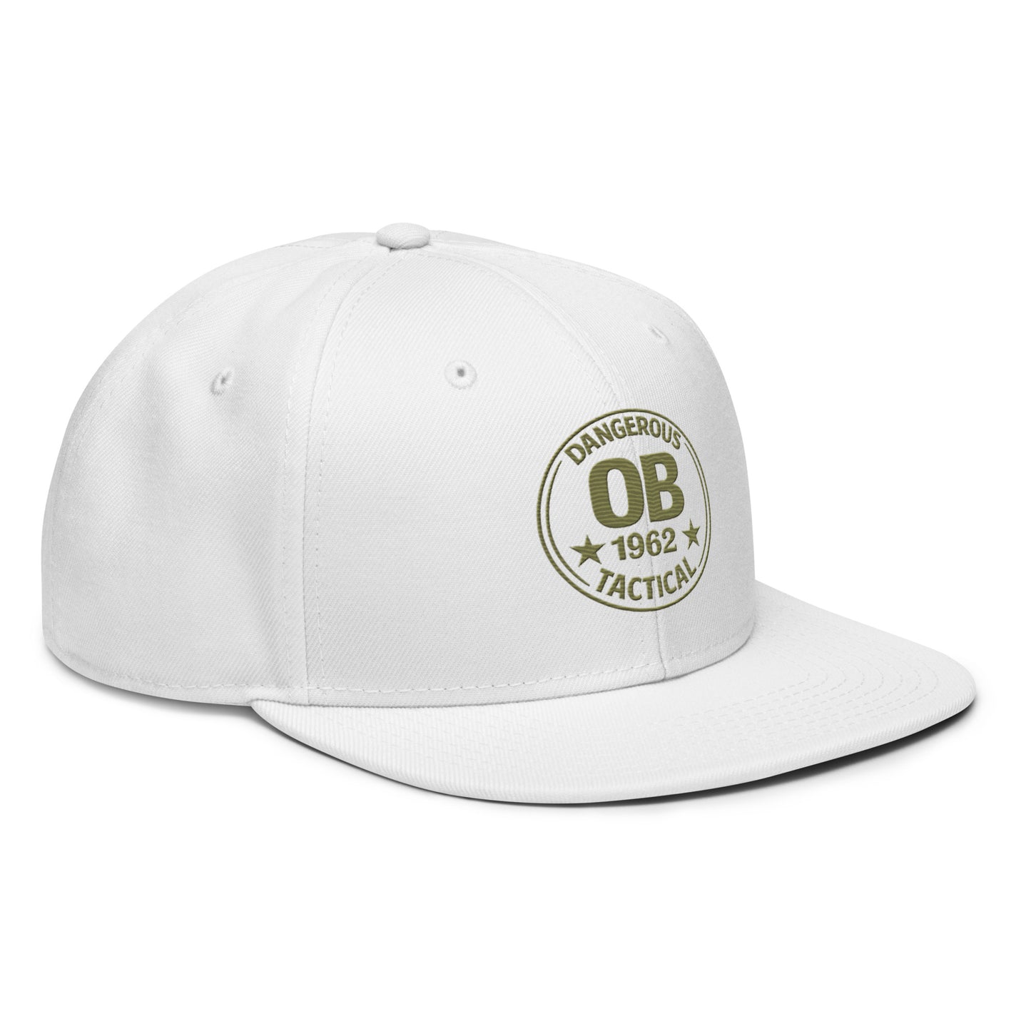 White embroidered snapback hat by OB DANGEROUS featuring bold front embroidery, perfect for gym and streetwear styles.