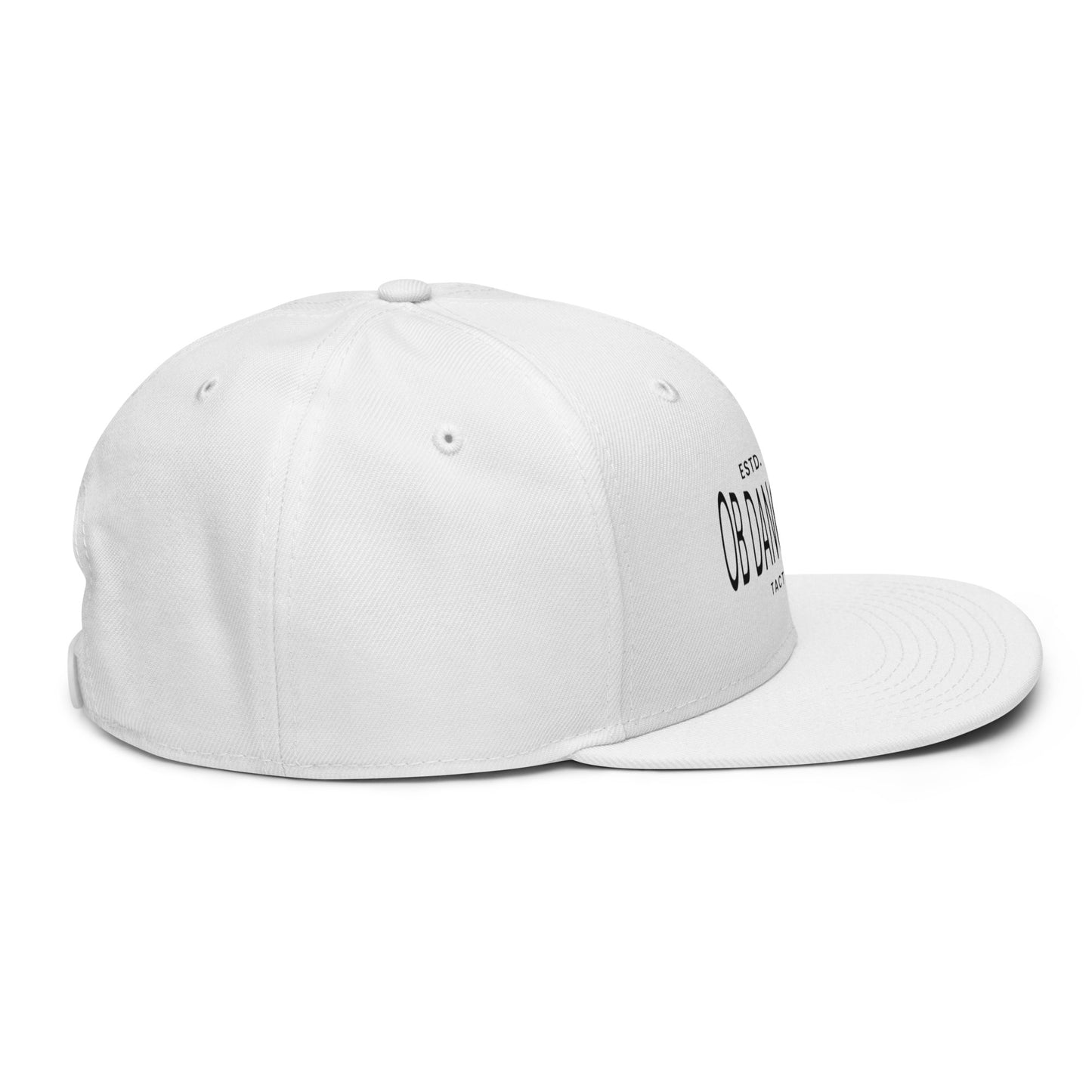 White embroidered OBDangerous tactical snapback hat with side embroidery, designed for gym, street, and everyday wear.