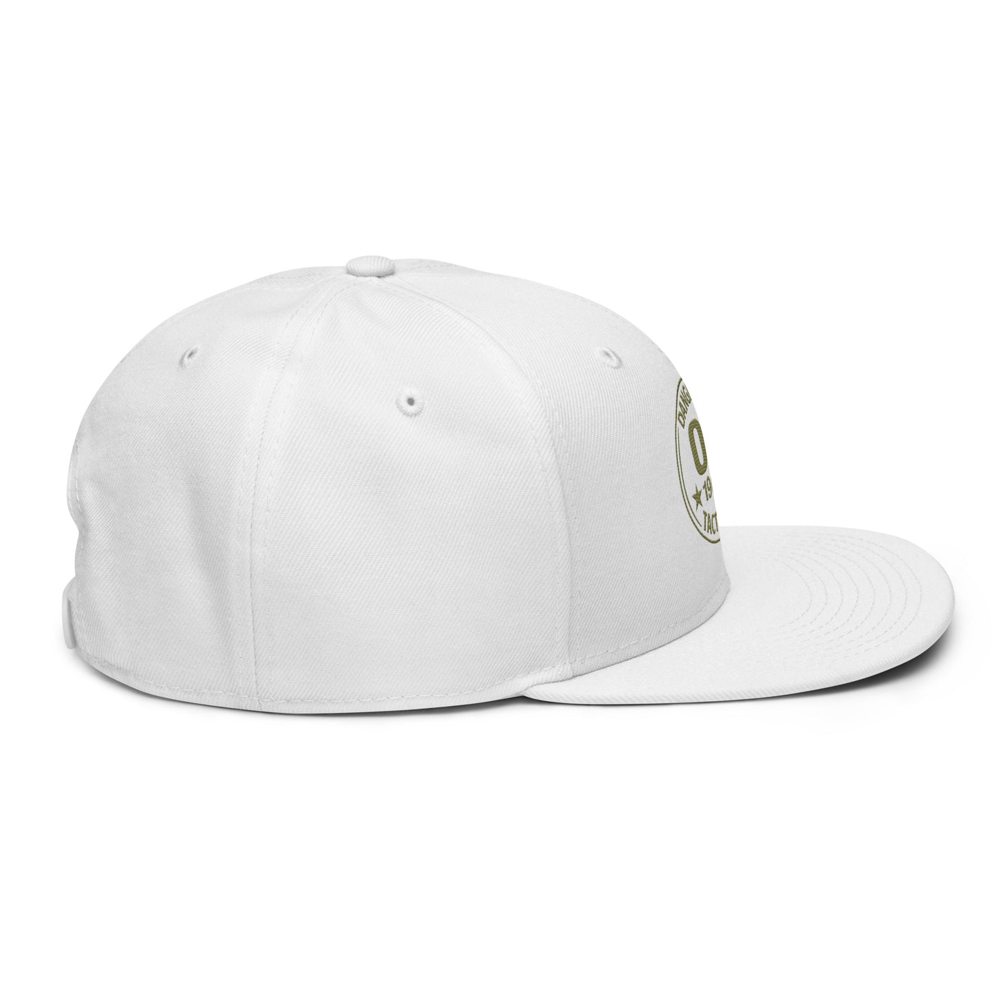 White OB DANGEROUS snapback hat with embroidered logo, viewed from the right side, designed for gym and streetwear style.