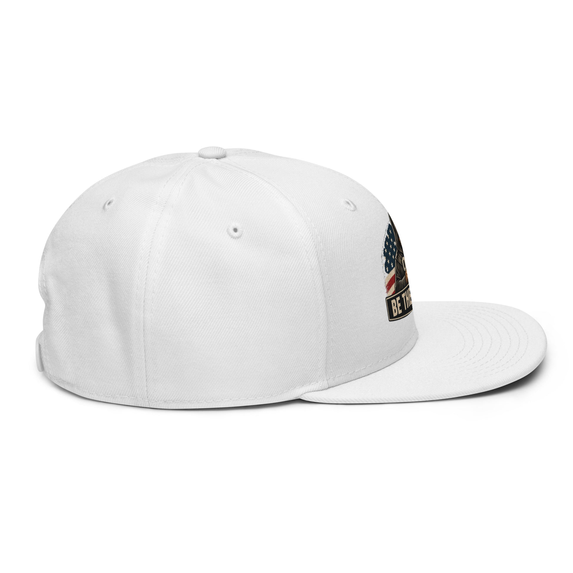 White embroidered snapback hat by OB DANGEROUS with "Be The Monk" design, featuring a side view of the street and gym style.