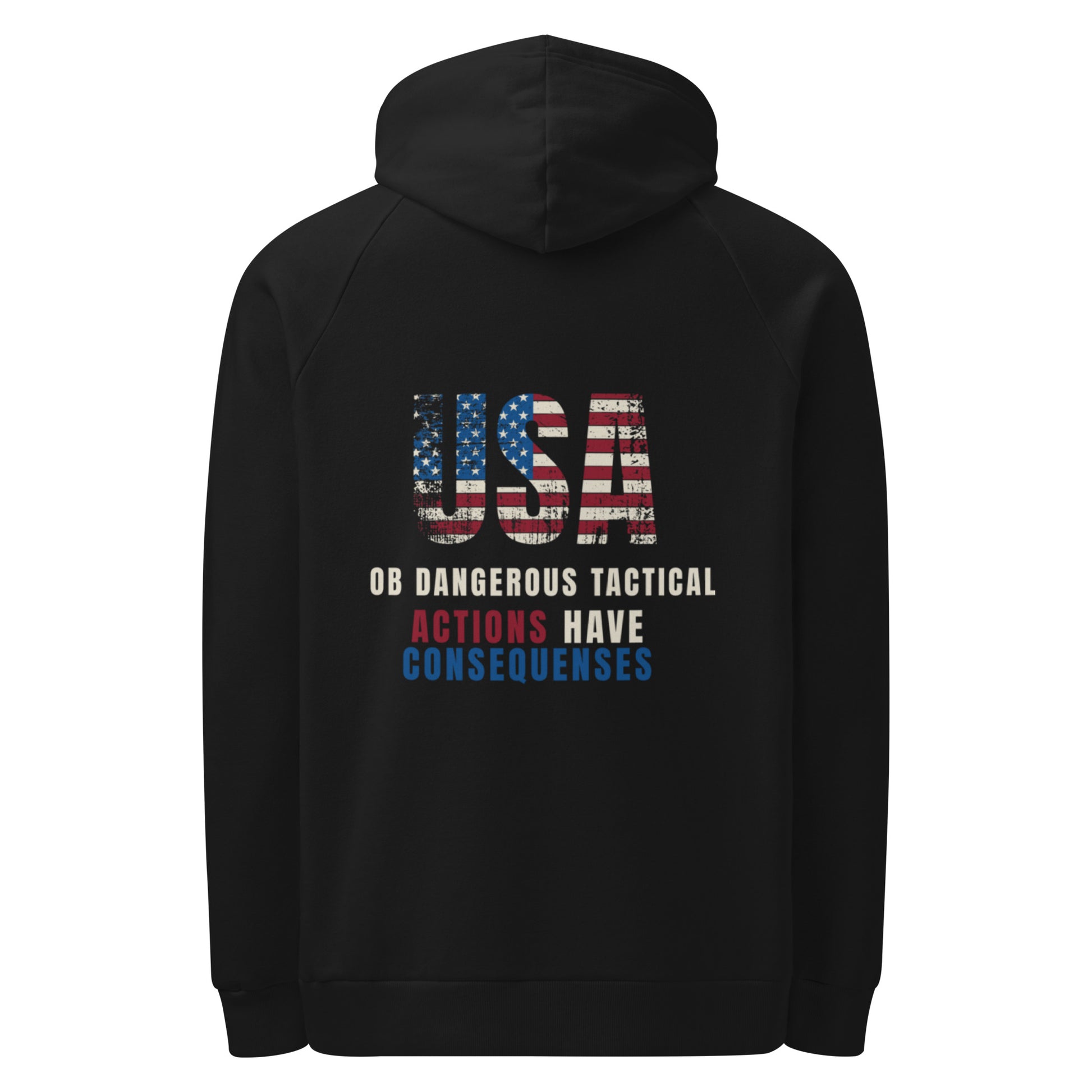 Black Under Armour hoodie featuring "Actions Have Consequences" design, with a focus on the back view, for gym and street wear.