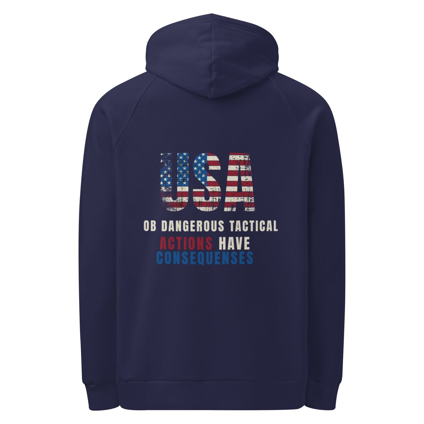 Navy Under Armour hoodie featuring "Actions Have Consequences" text, designed for gym, street, and casual wear.