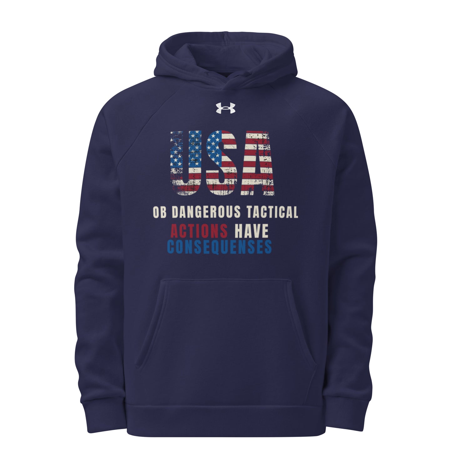 Navy Under Armour hoodie with "Actions Have Consequences" slogan, featuring a front view, casual fit, and branded logo.