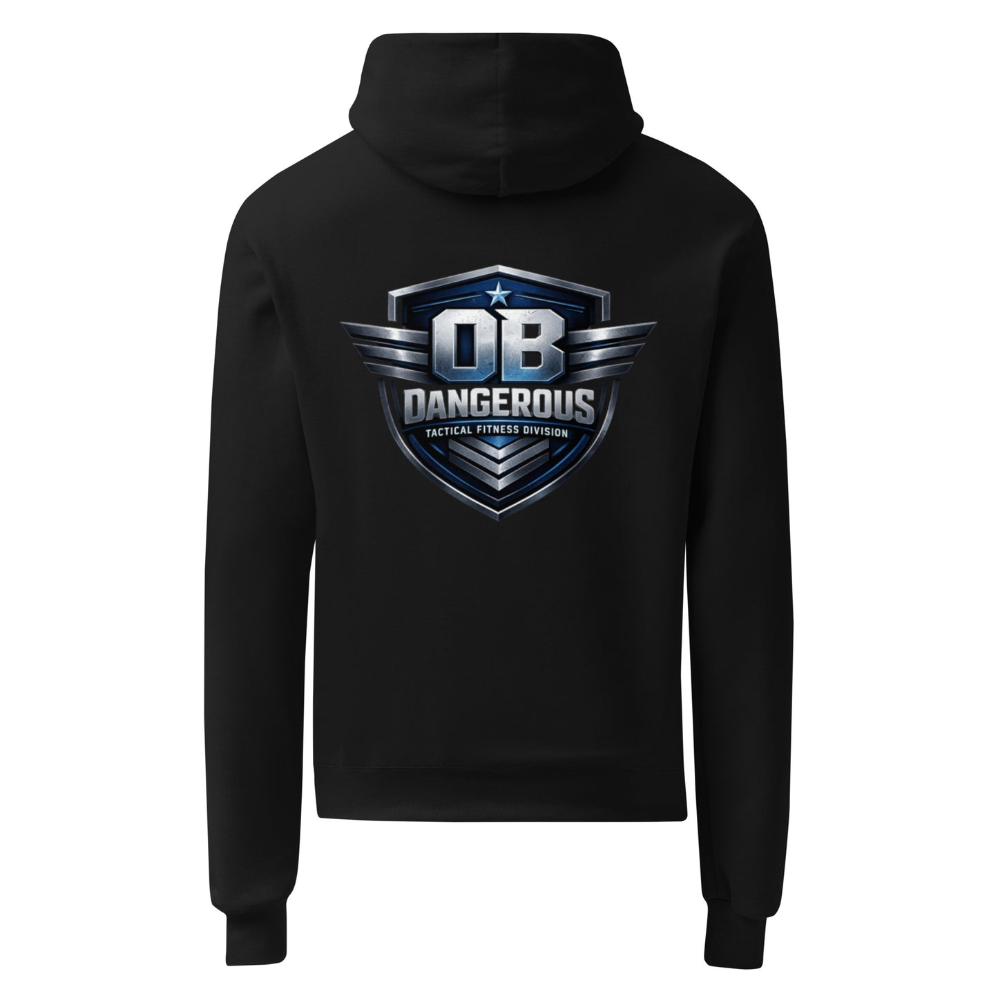 Black unisex Champion hoodie by OB DANGEROUS featuring tactical fitness division branding, shown from the back.