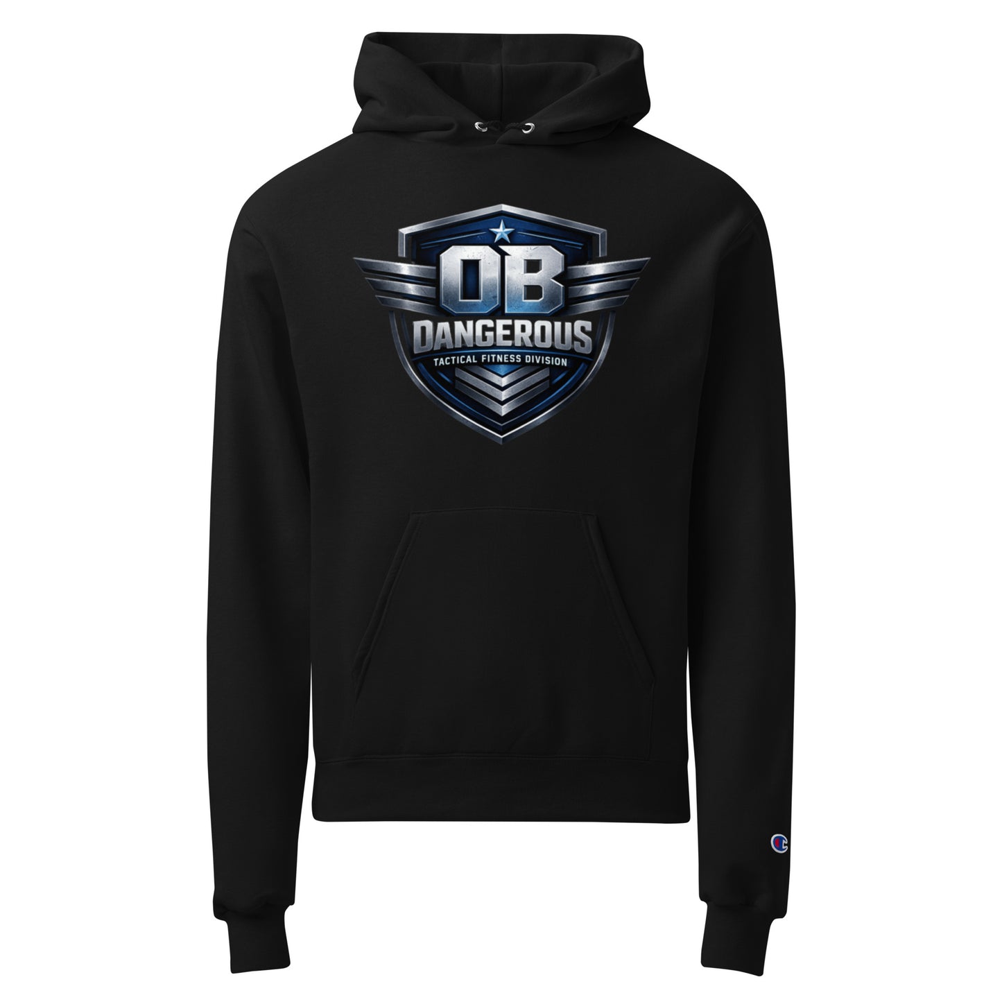 Black unisex Champion hoodie from Tactical Fitness Division by OB DANGEROUS, featuring a front view with logo and athletic style.