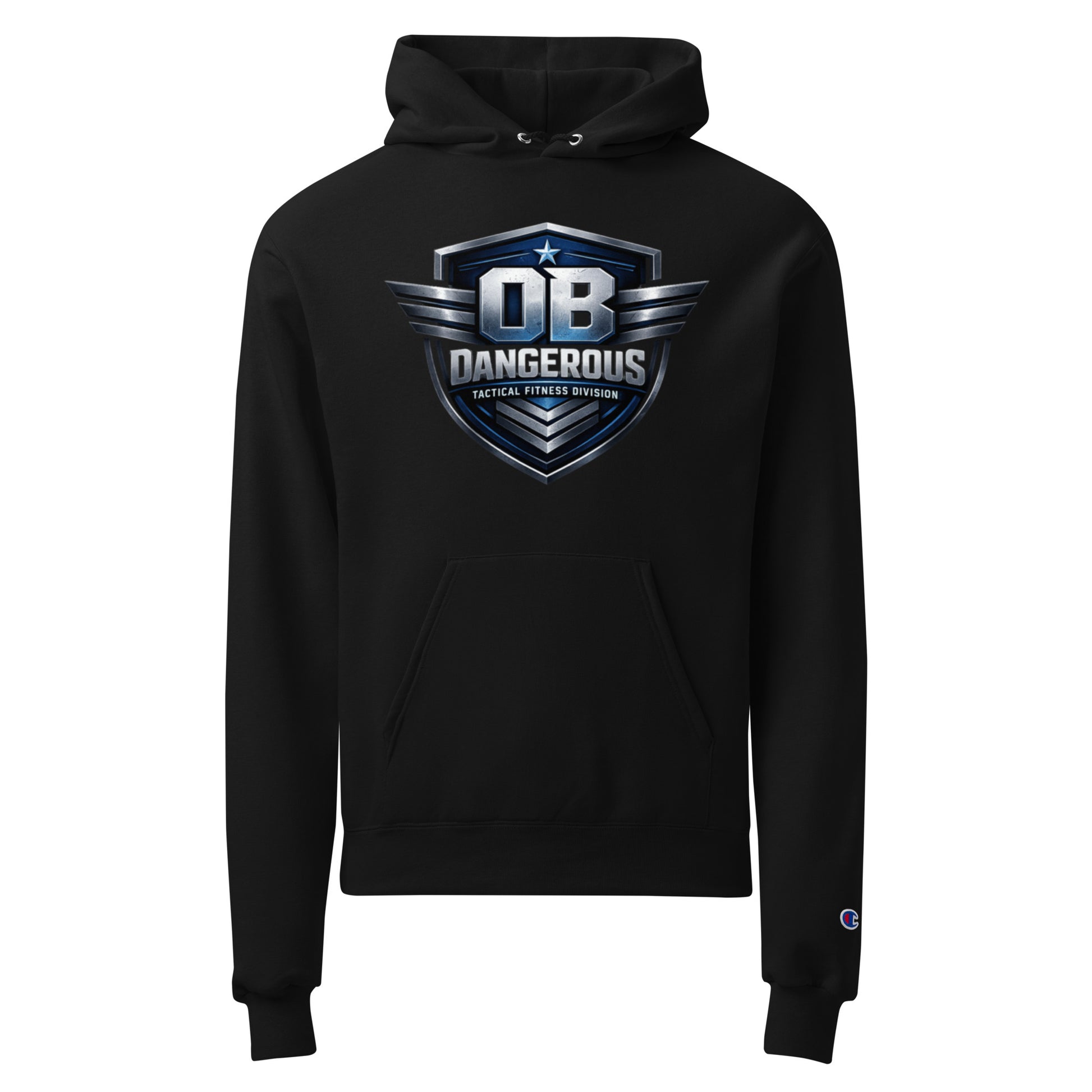 Black unisex Champion hoodie from Tactical Fitness Division by OB DANGEROUS, featuring a front view with logo and athletic style.