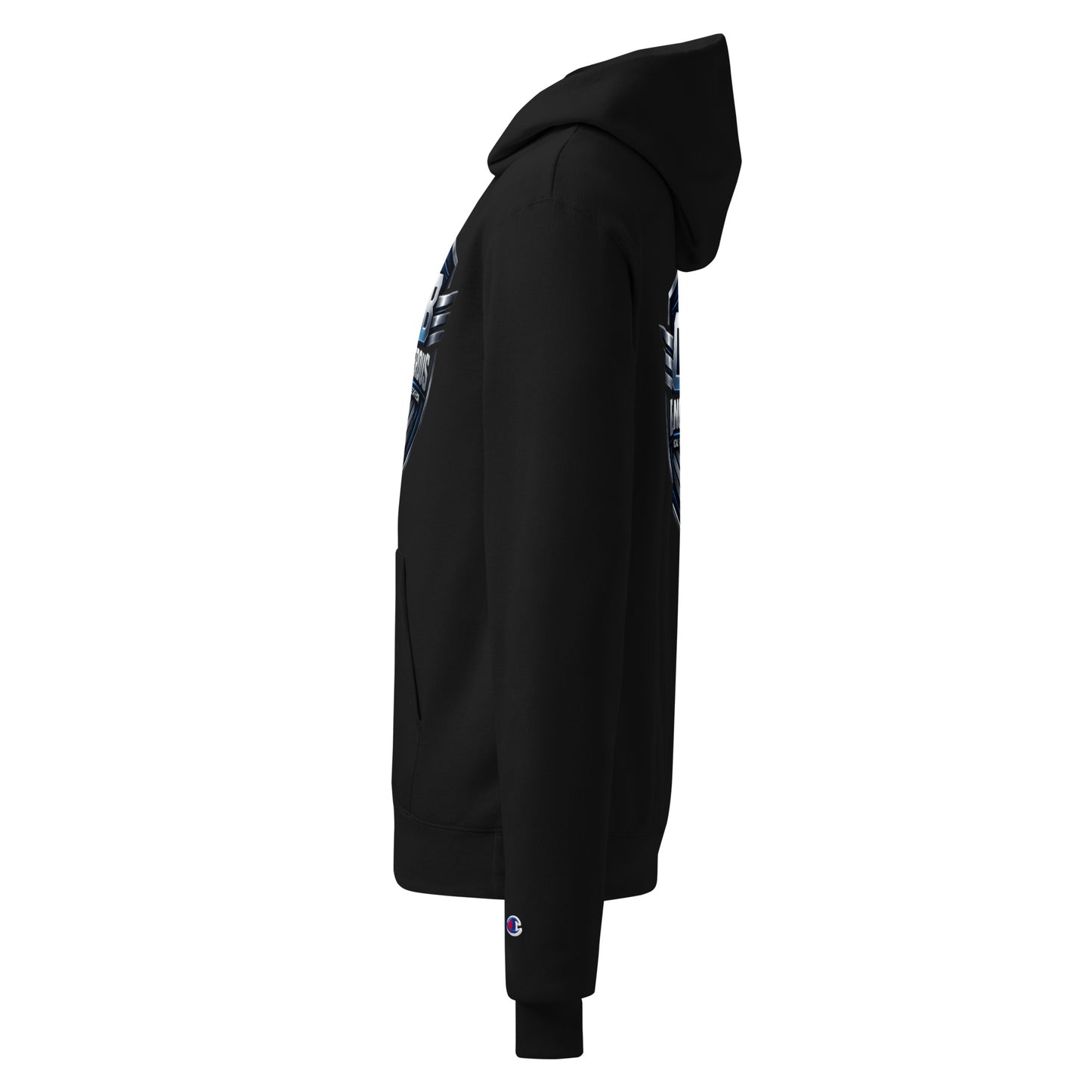 Black unisex Champion hoodie from OB DANGEROUS Tactical Fitness Division, designed for gym, street, and everyday wear.