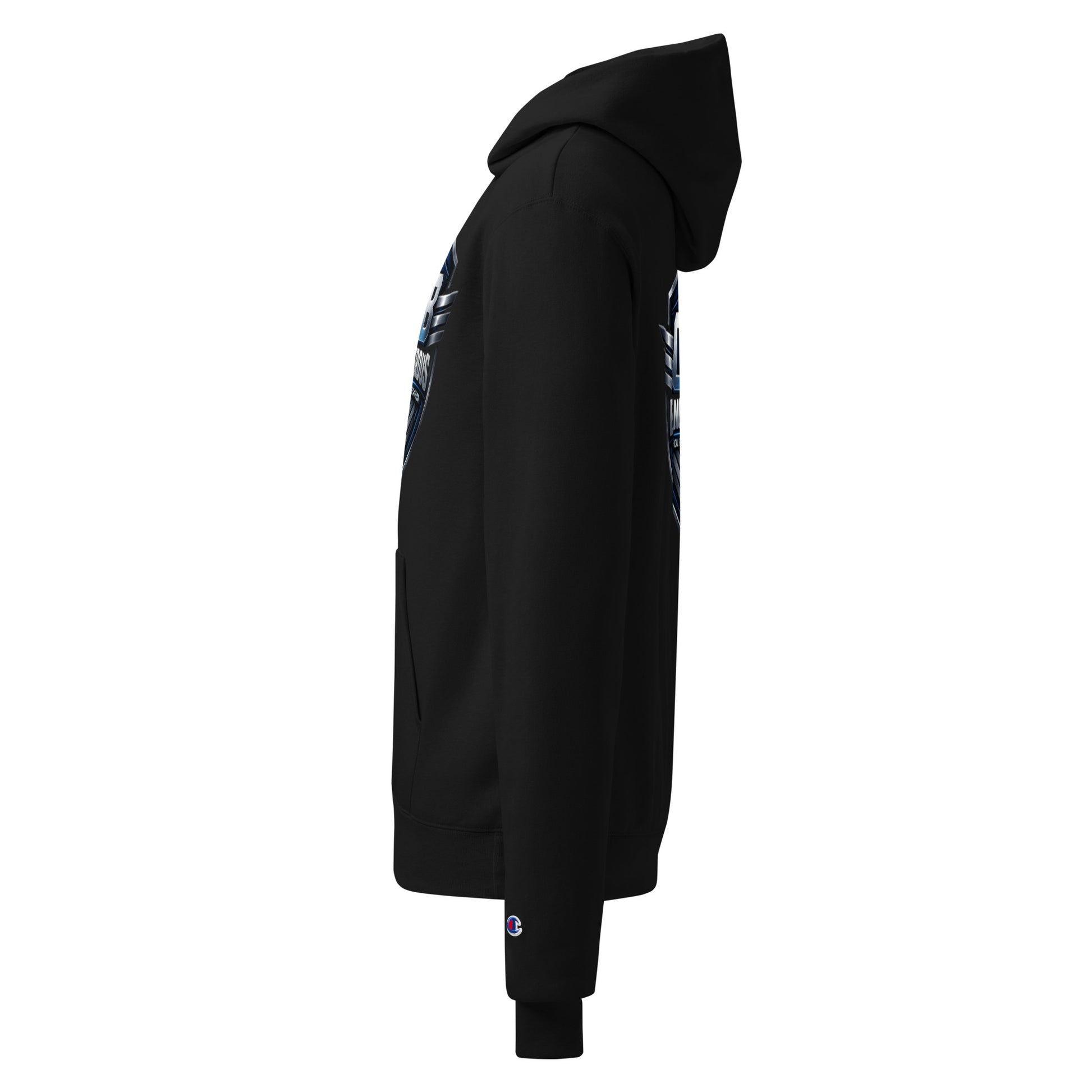 Black unisex Champion hoodie from OB DANGEROUS Tactical Fitness Division, designed for gym, street, and everyday wear.