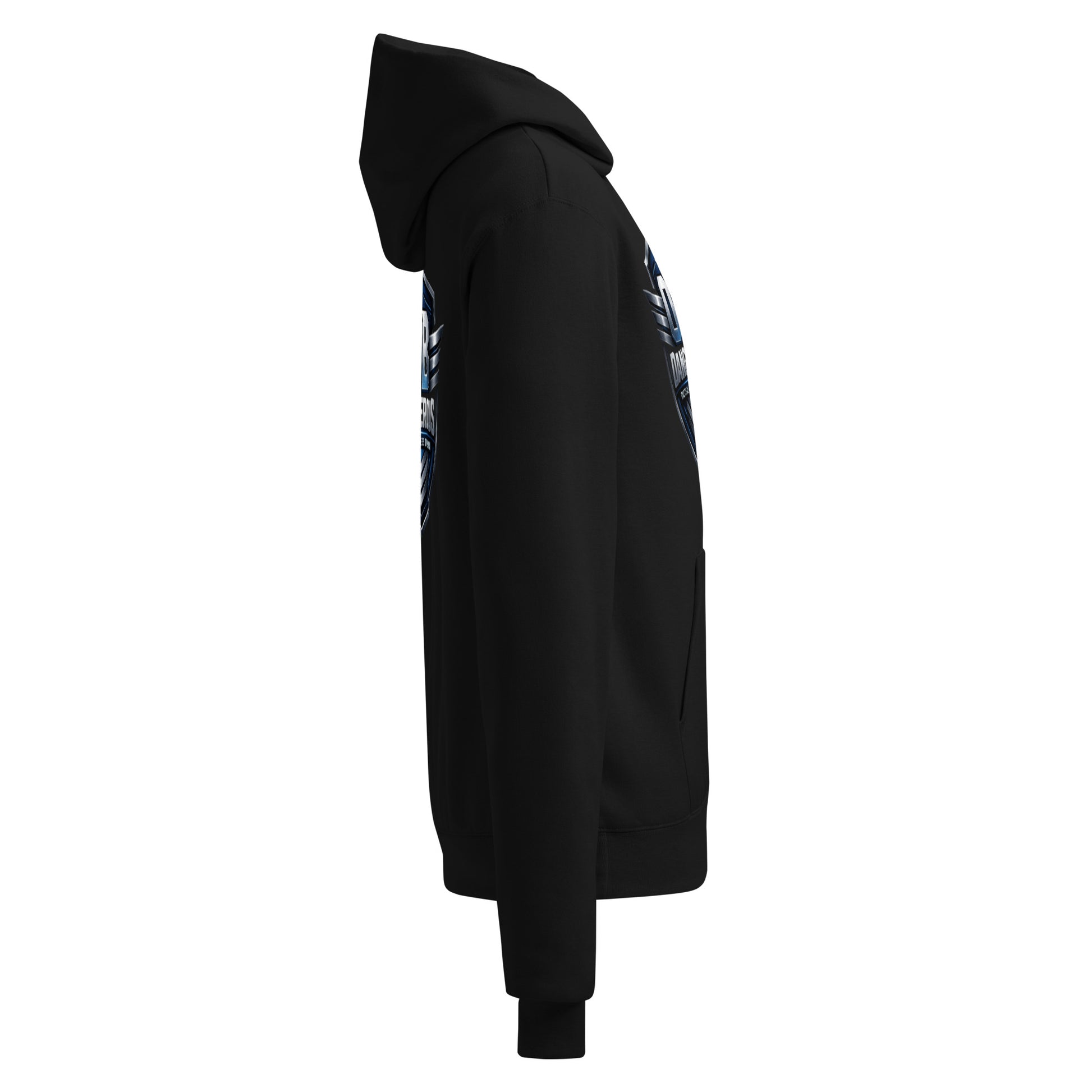 Black unisex Champion hoodie from OB DANGEROUS Tactical Fitness Division, featuring a comfortable fit and brand logo on the front.