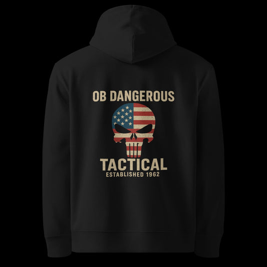 Black tactical skull unisex organic hoodie with bold graphic design, perfect for gym, street, and casual wear.