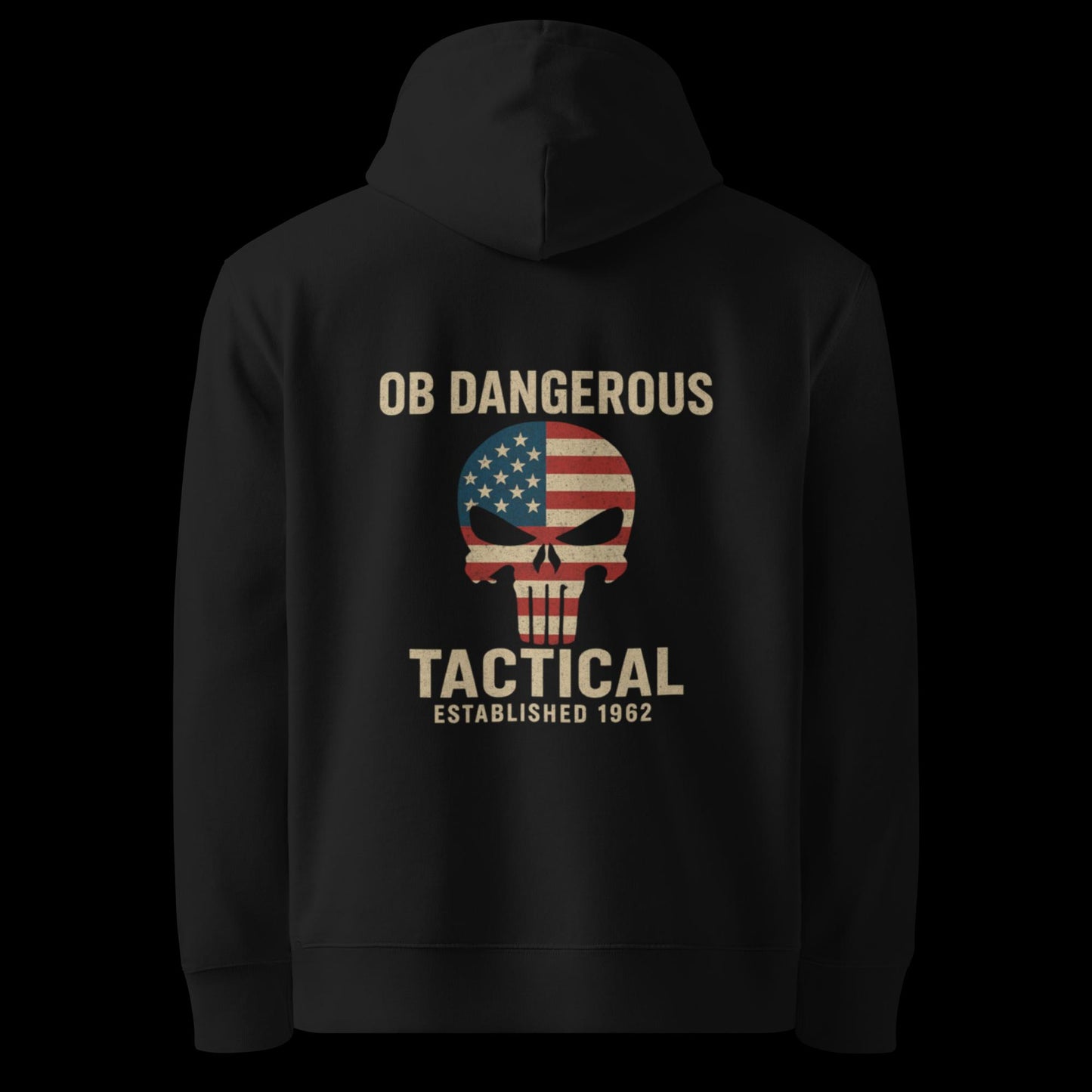 Black unisex organic hoodie with tactical skull design by OB DANGEROUS, perfect for gym, street, and casual wear.