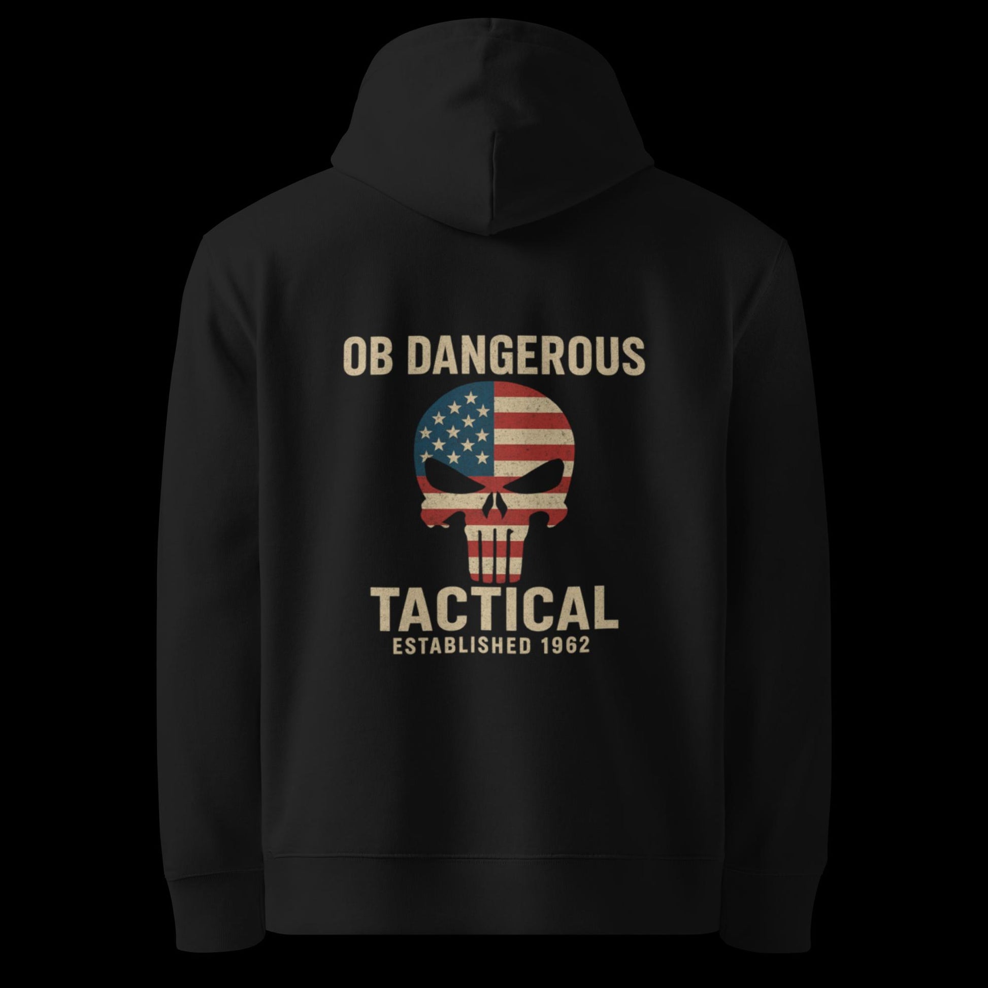 Black unisex organic hoodie with tactical skull design by OB DANGEROUS, perfect for gym, street, and casual wear.