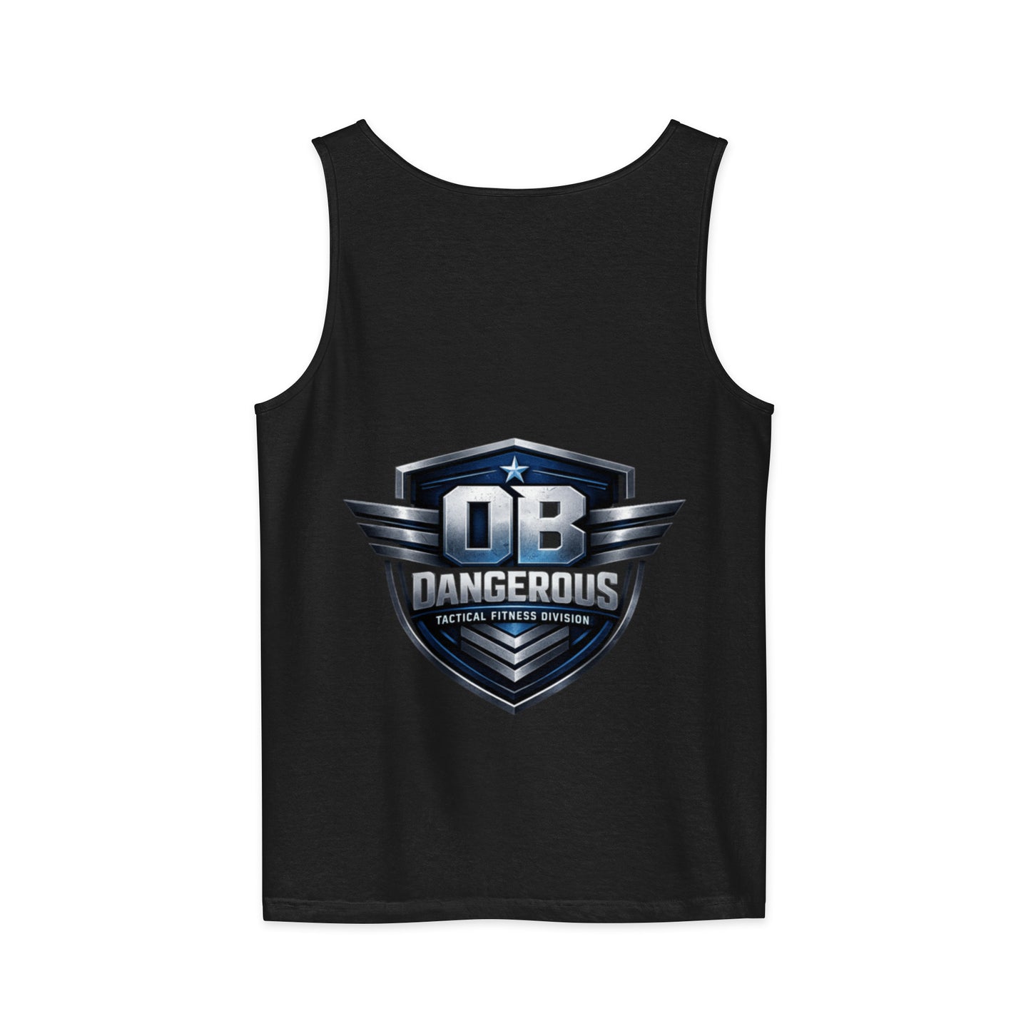 Unisex black tactical fitness tank top by OB DANGEROUS, garment-dyed T-shirt with a relaxed fit, suitable for gym and casual wear.