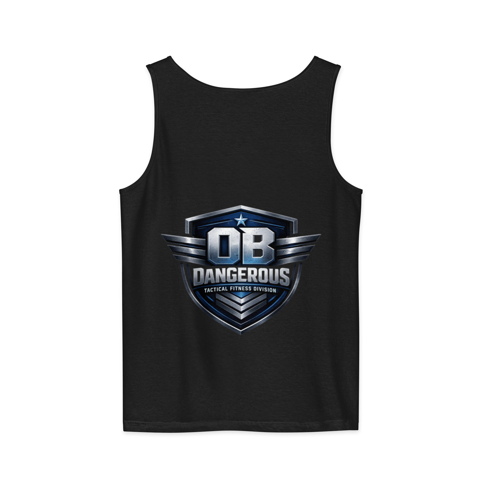 Unisex black tactical fitness tank top by OB DANGEROUS, garment-dyed T-shirt with a relaxed fit, suitable for gym and casual wear.