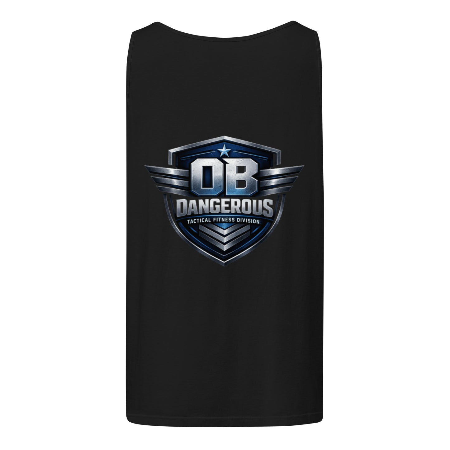 Black unisex garment-dyed tactical fitness tank top by OB DANGEROUS, designed for gym and street wear, shown from the back.