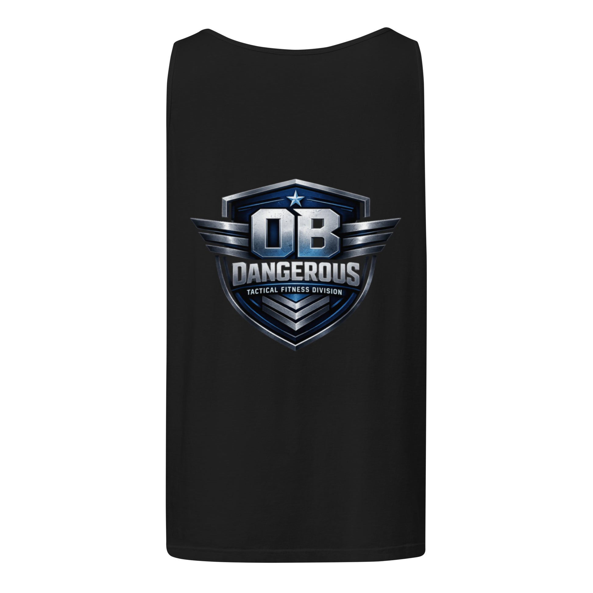 Black unisex garment-dyed tactical fitness tank top by OB DANGEROUS, designed for gym and street wear, shown from the back.