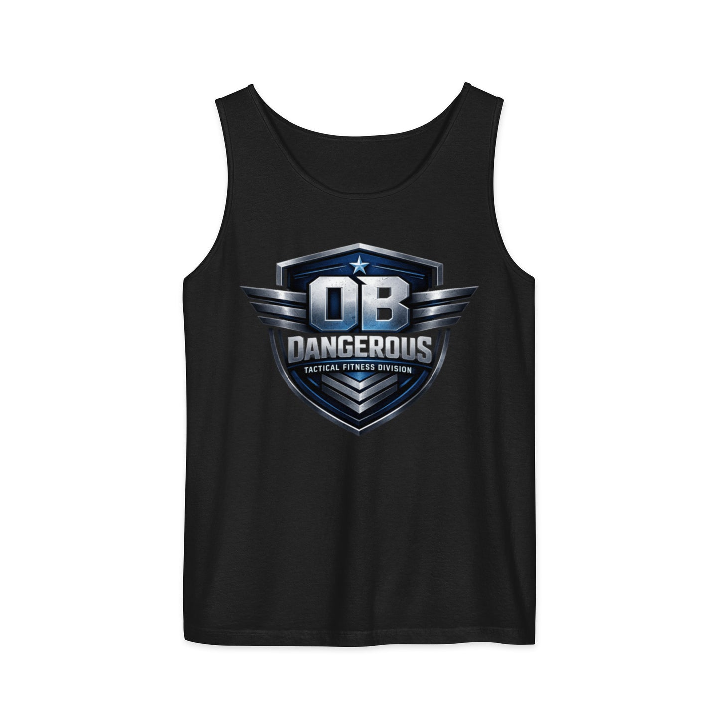 Unisex black tactical fitness garment-dyed tank top by OB DANGEROUS, designed for gym, street, and casual wear.