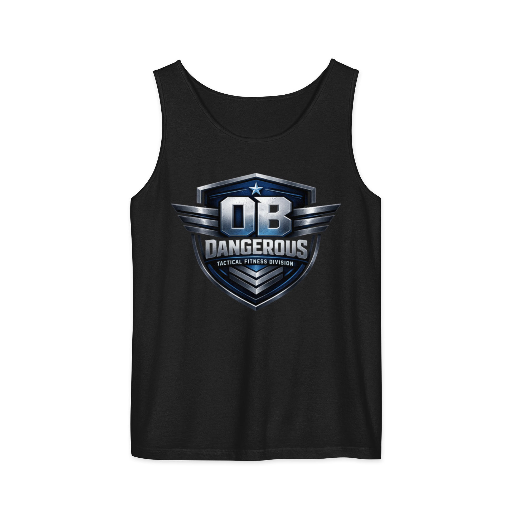 Unisex black tactical fitness garment-dyed tank top by OB DANGEROUS, designed for gym, street, and casual wear.