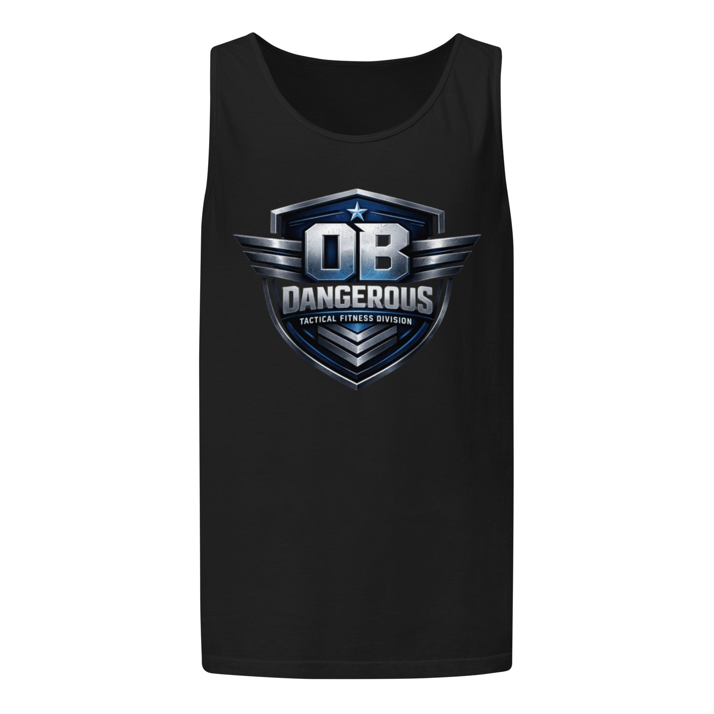 Unisex black tactical fitness tank top by OB DANGEROUS, garment-dyed T-shirt designed for gym and street wear.