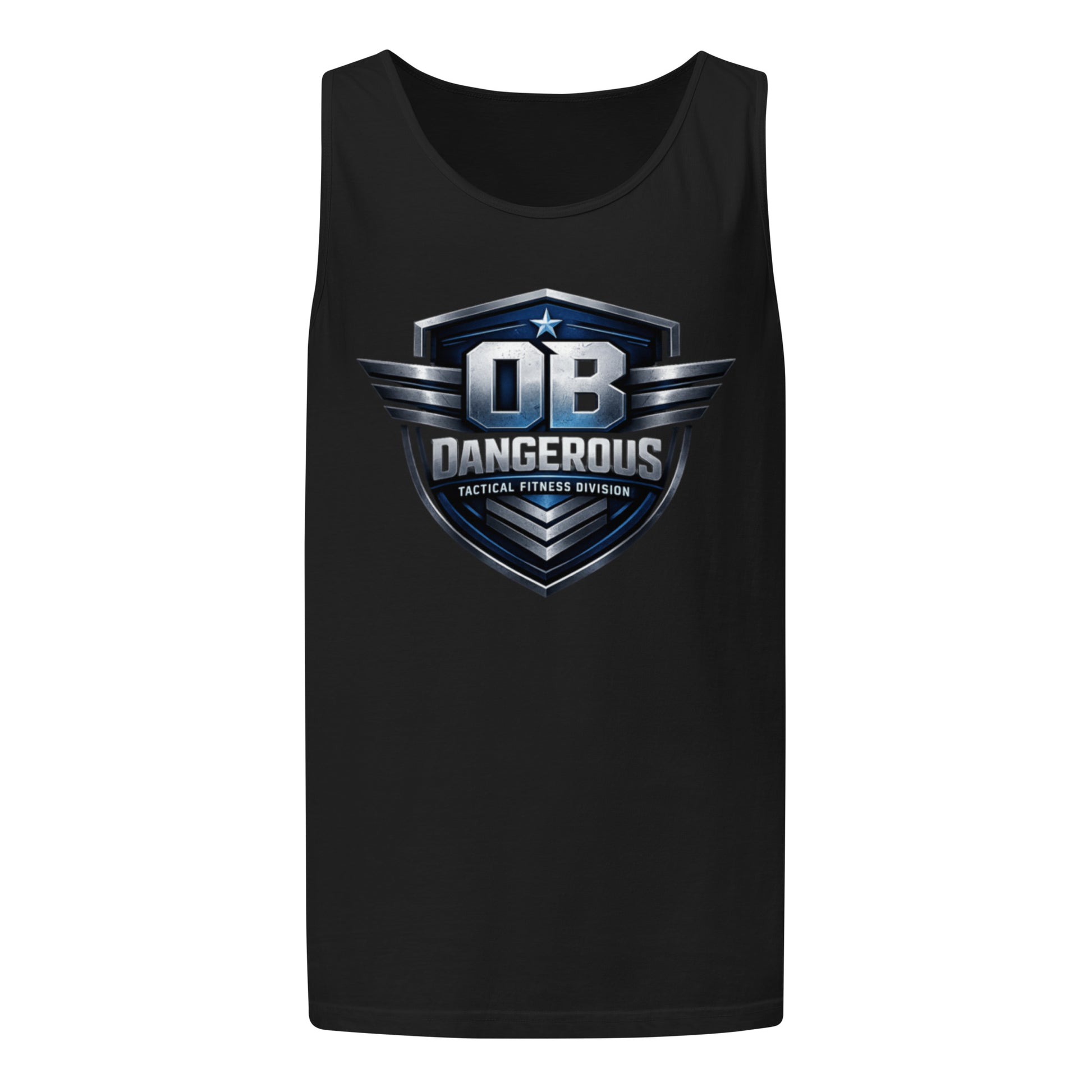 Unisex black tactical fitness tank top by OB DANGEROUS, garment-dyed T-shirt designed for gym and street wear.