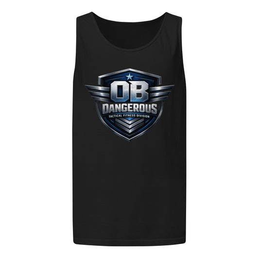 Unisex black tactical fitness tank top by OB DANGEROUS, garment-dyed T-shirt designed for gym and street wear.