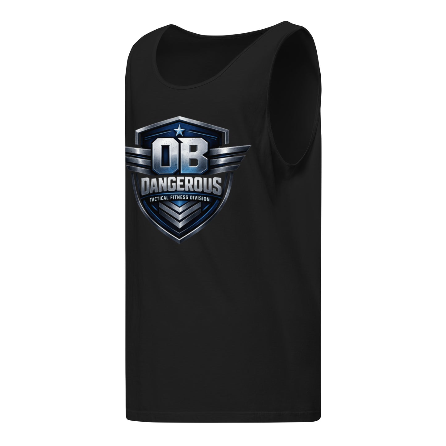Unisex black garment-dyed tactical fitness tank top by OB DANGEROUS, designed for gym and street wear, front view.
