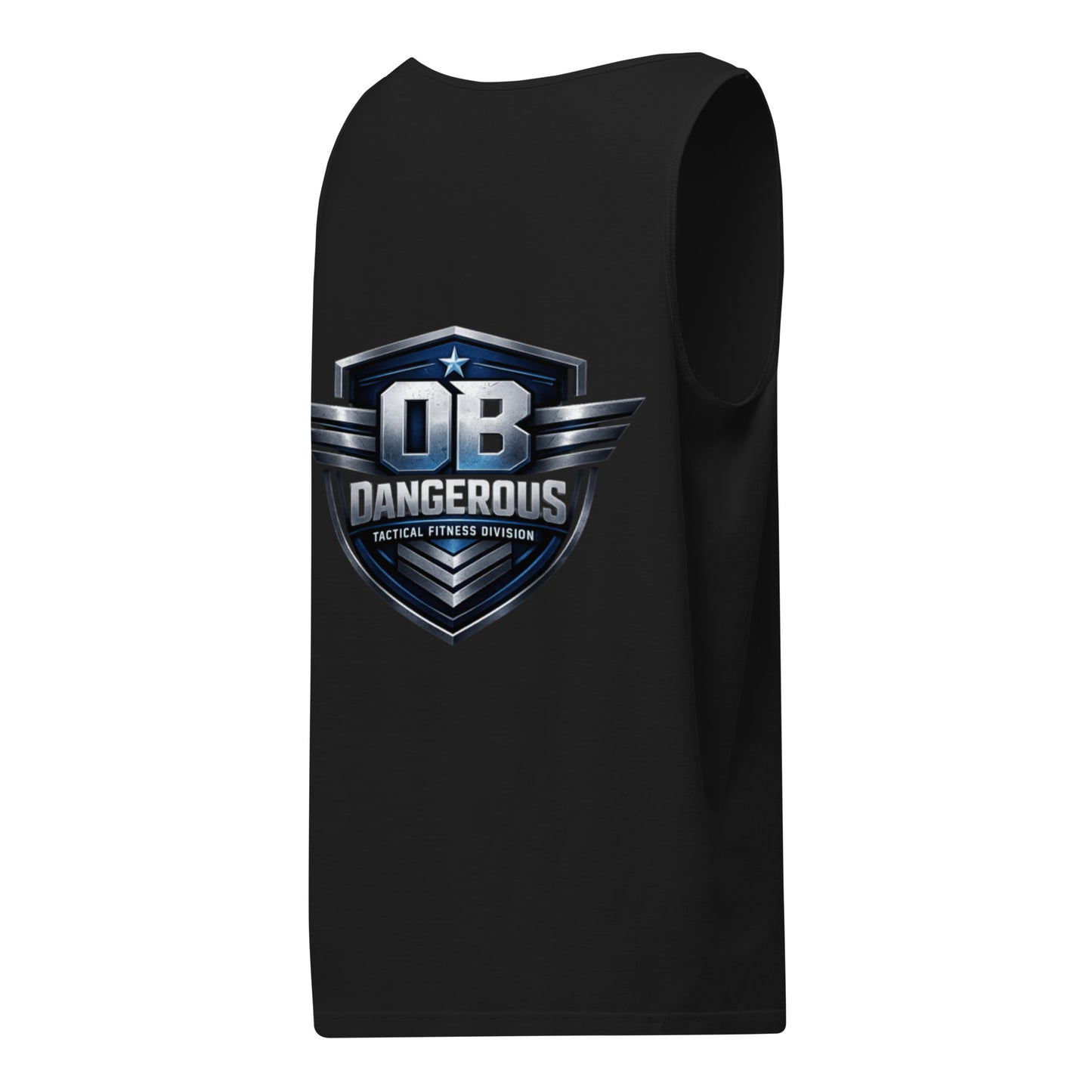 Black unisex garment-dyed tactical fitness tank top by OB DANGEROUS, designed for gym, street, and casual wear.
