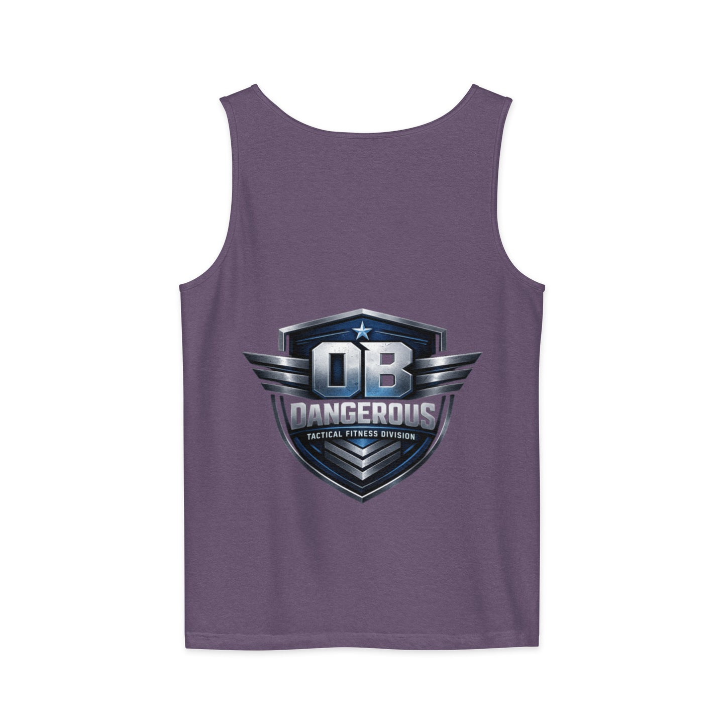 Unisex garment-dyed tactical fitness tank top by OB DANGEROUS, in grape color, designed for gym and street wear.