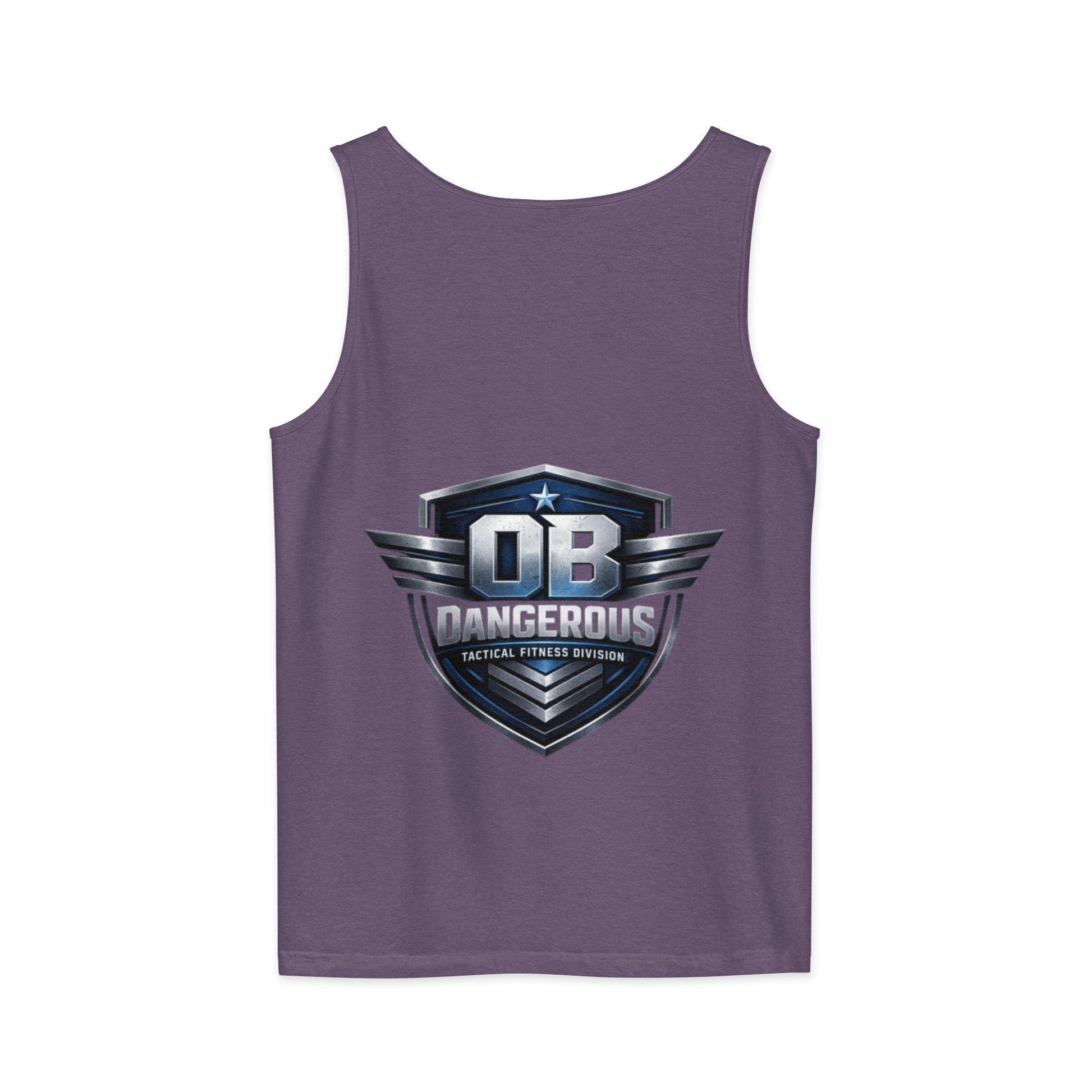 Unisex garment-dyed tactical fitness tank top by OB DANGEROUS, in grape color, designed for gym and street wear.