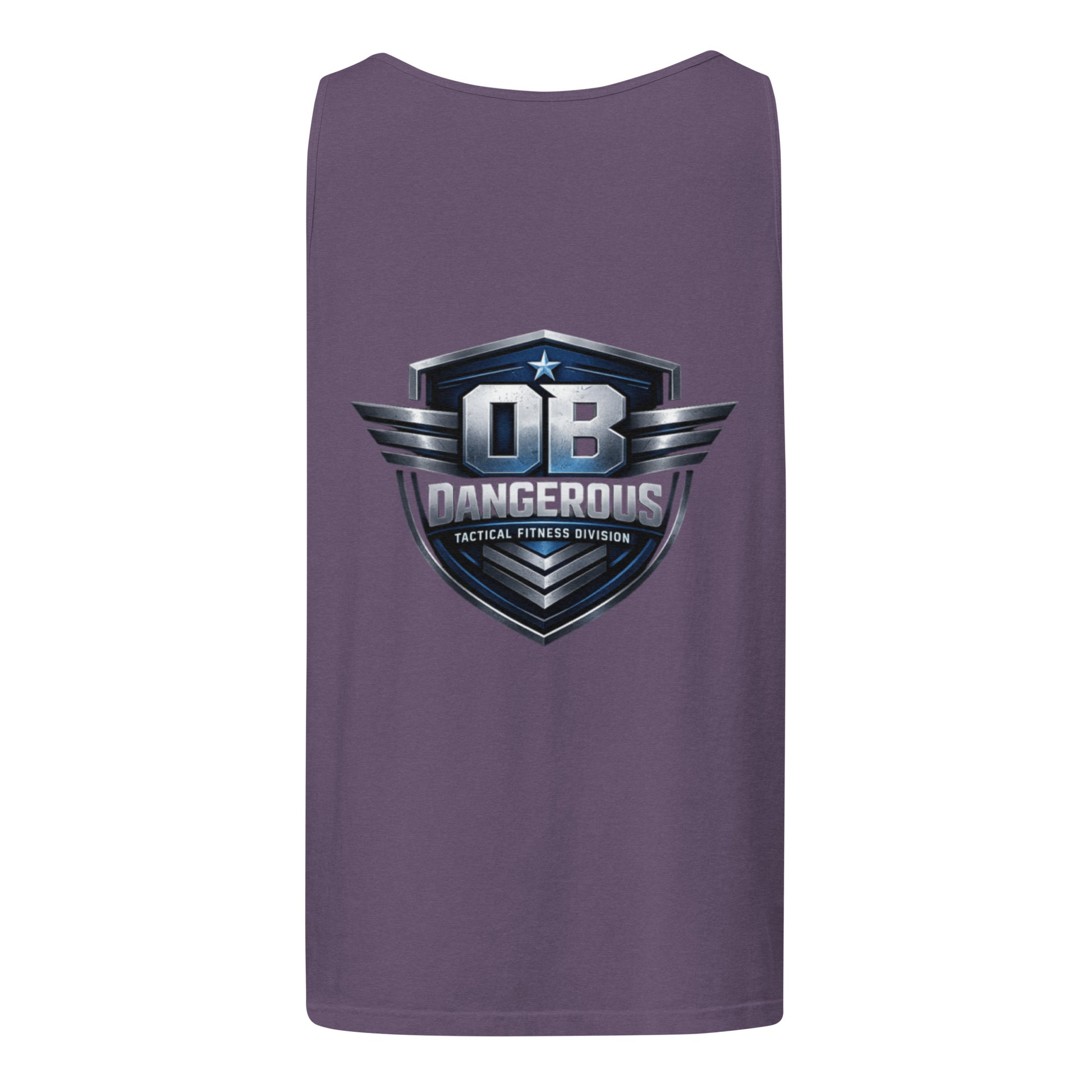 Unisex garment-dyed tank top by OB DANGEROUS, casual fitness T-shirt in grape color, designed for gym and street wear.
