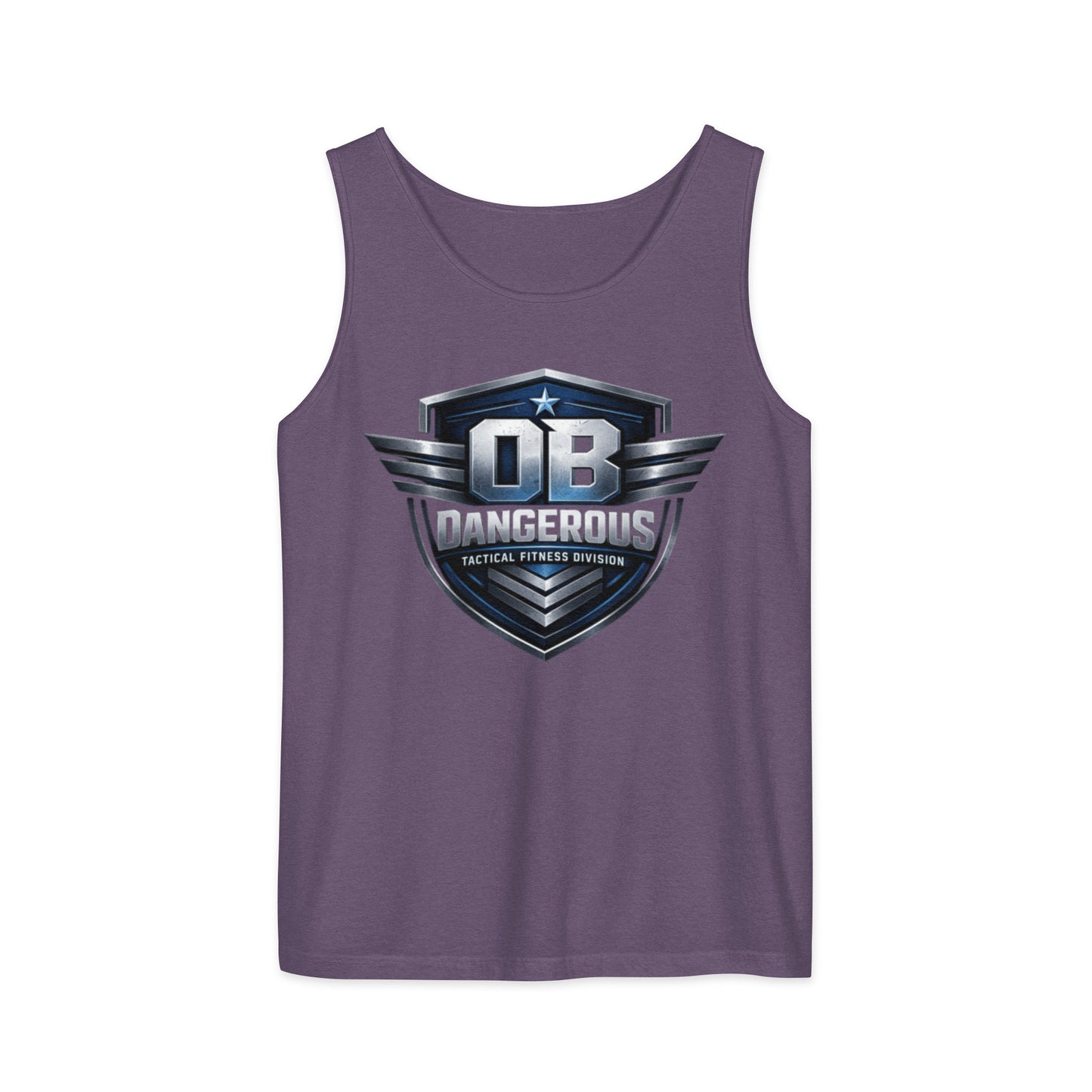 Unisex tactical fitness garment-dyed tank top by OB DANGEROUS with a front view, in grape color, designed for gym and street wear.