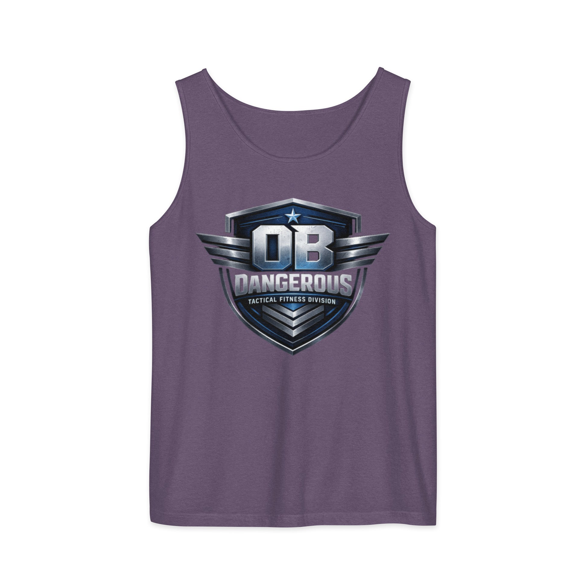 Unisex tactical fitness garment-dyed tank top by OB DANGEROUS with a front view, in grape color, designed for gym and street wear.
