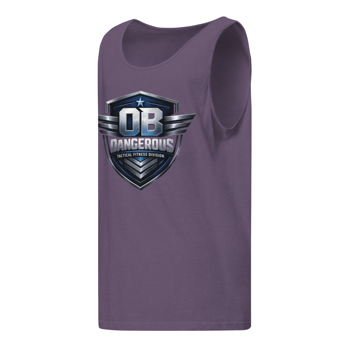 Unisex tactical fitness T-shirt by OB DANGEROUS, garment-dyed tank top in grape color, front view, casual and athletic style.