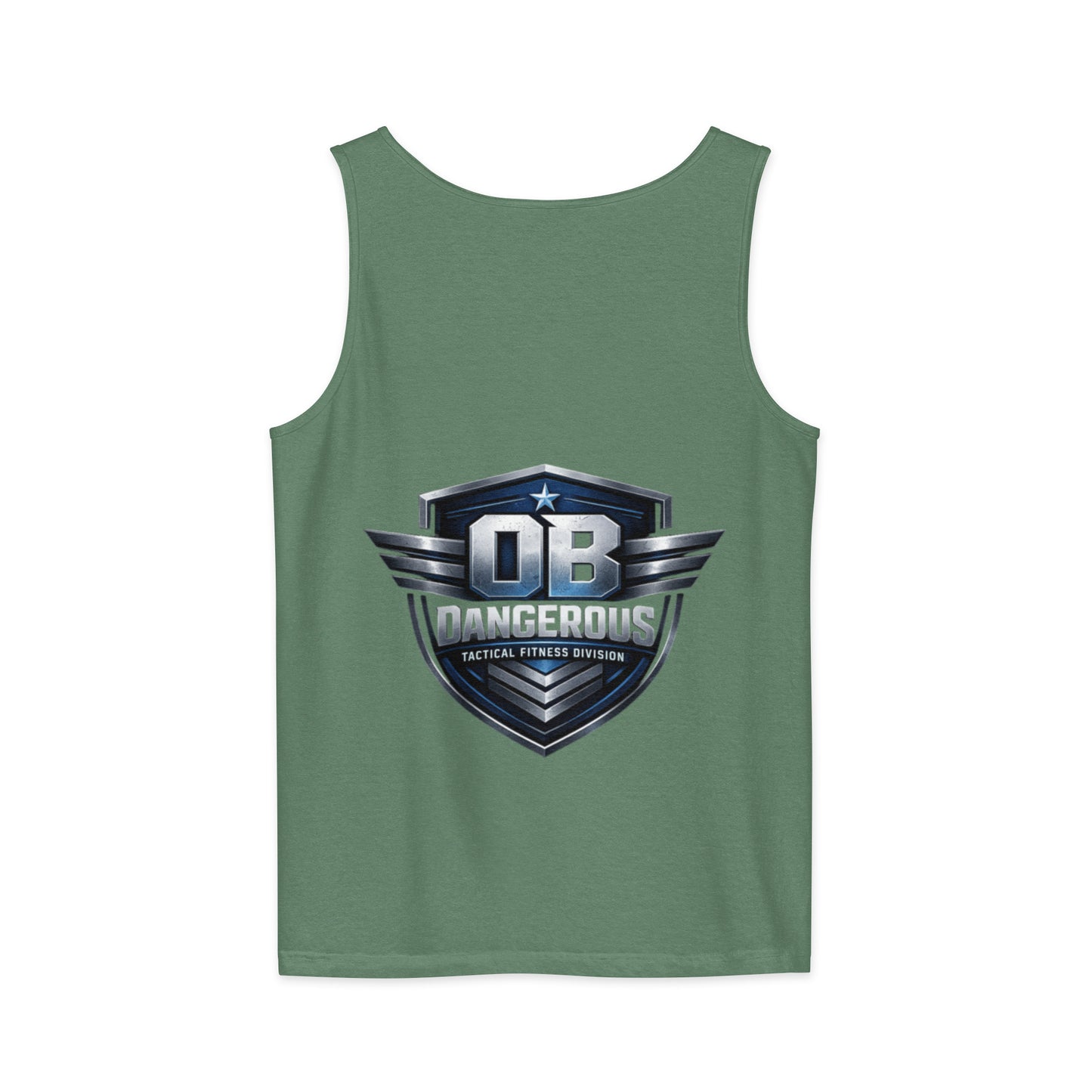 Light green tactical fitness unisex garment-dyed tank top by OB DANGEROUS, designed for gym and street wear, shown from the back.