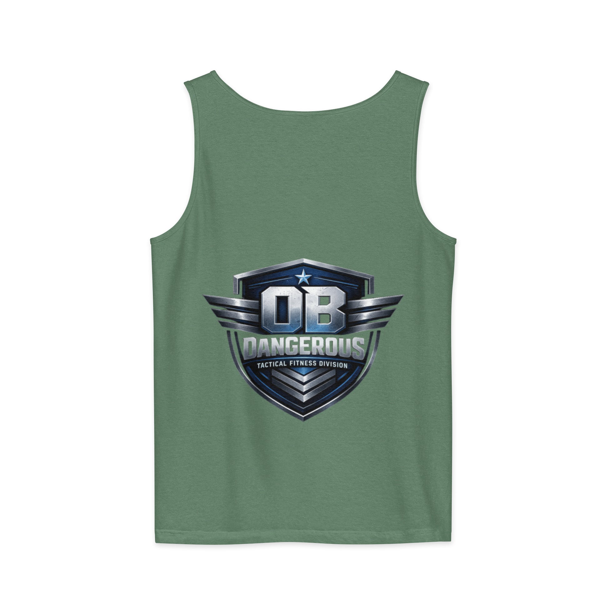 Light green tactical fitness unisex garment-dyed tank top by OB DANGEROUS, designed for gym and street wear, shown from the back.