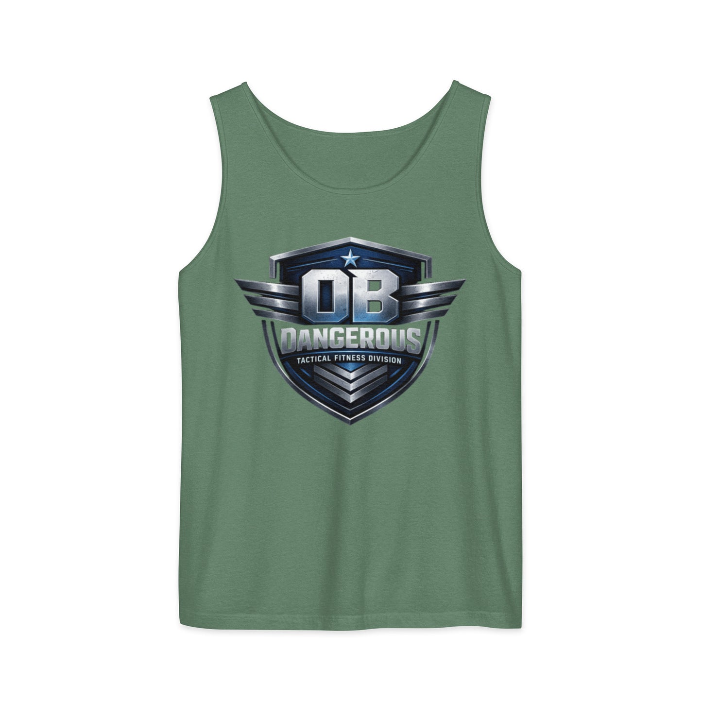 Light green tactical fitness unisex garment-dyed tank top by OB DANGEROUS, front view showing casual and athletic style.