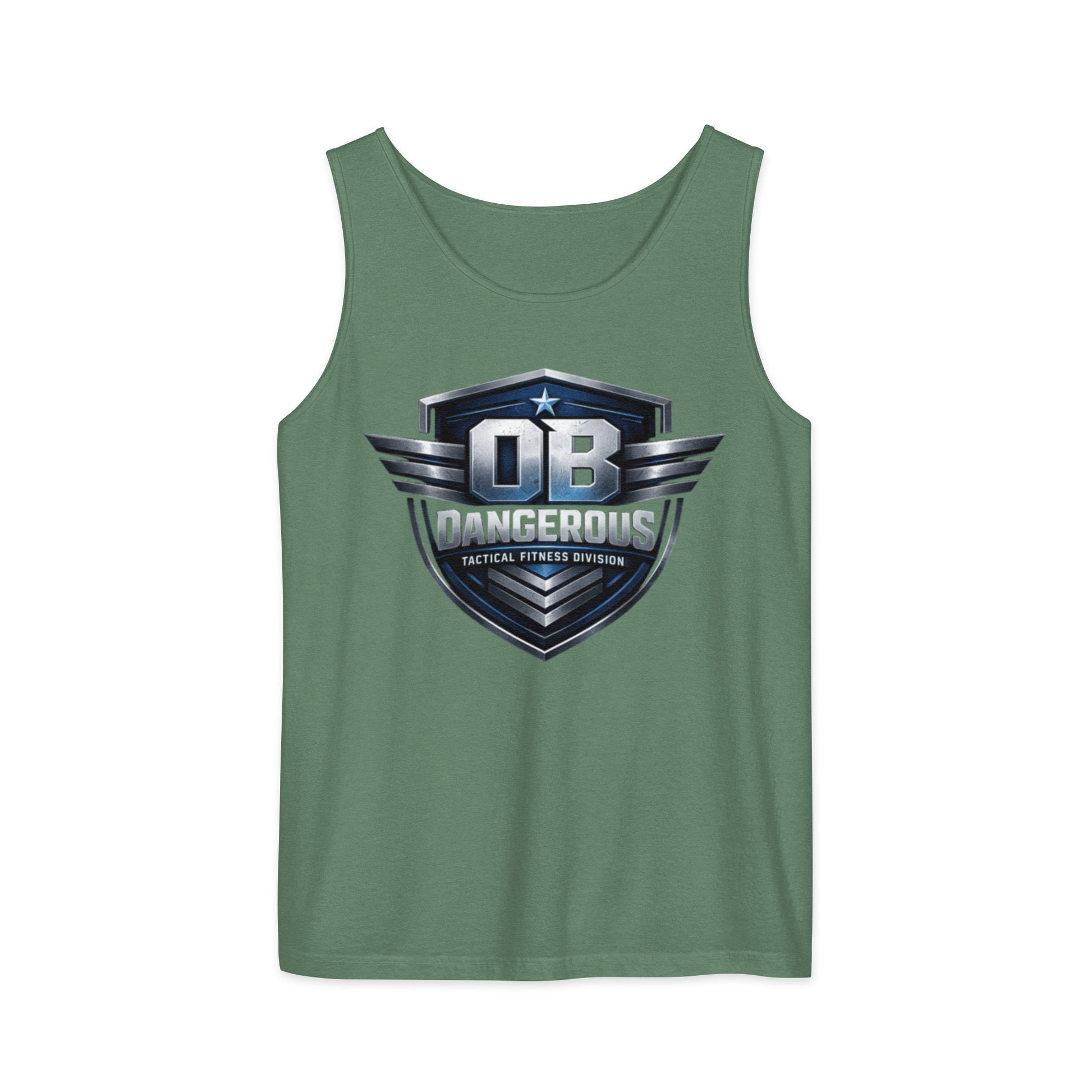 Light green tactical fitness unisex garment-dyed tank top by OB DANGEROUS, front view showing casual and athletic style.