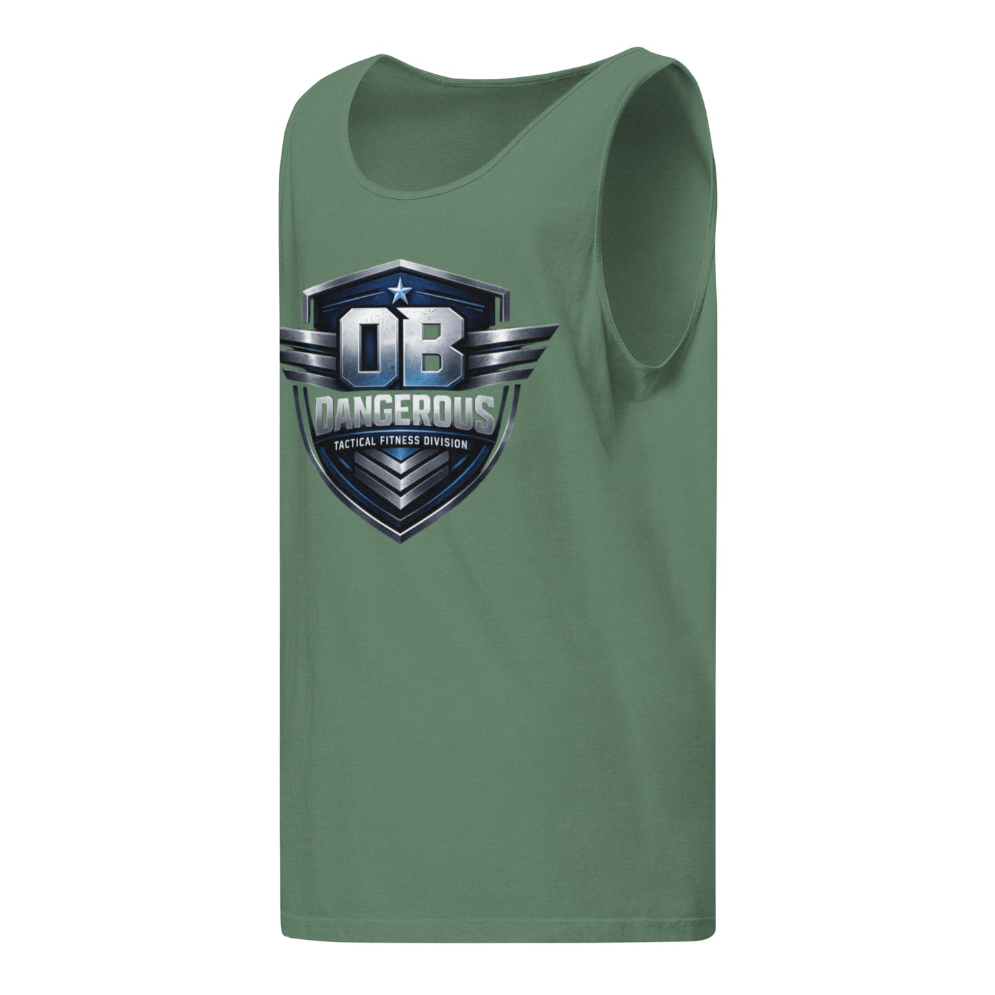Unisex light green garment-dyed tactical fitness tank top by OB DANGEROUS, designed for gym and street wear, front view.