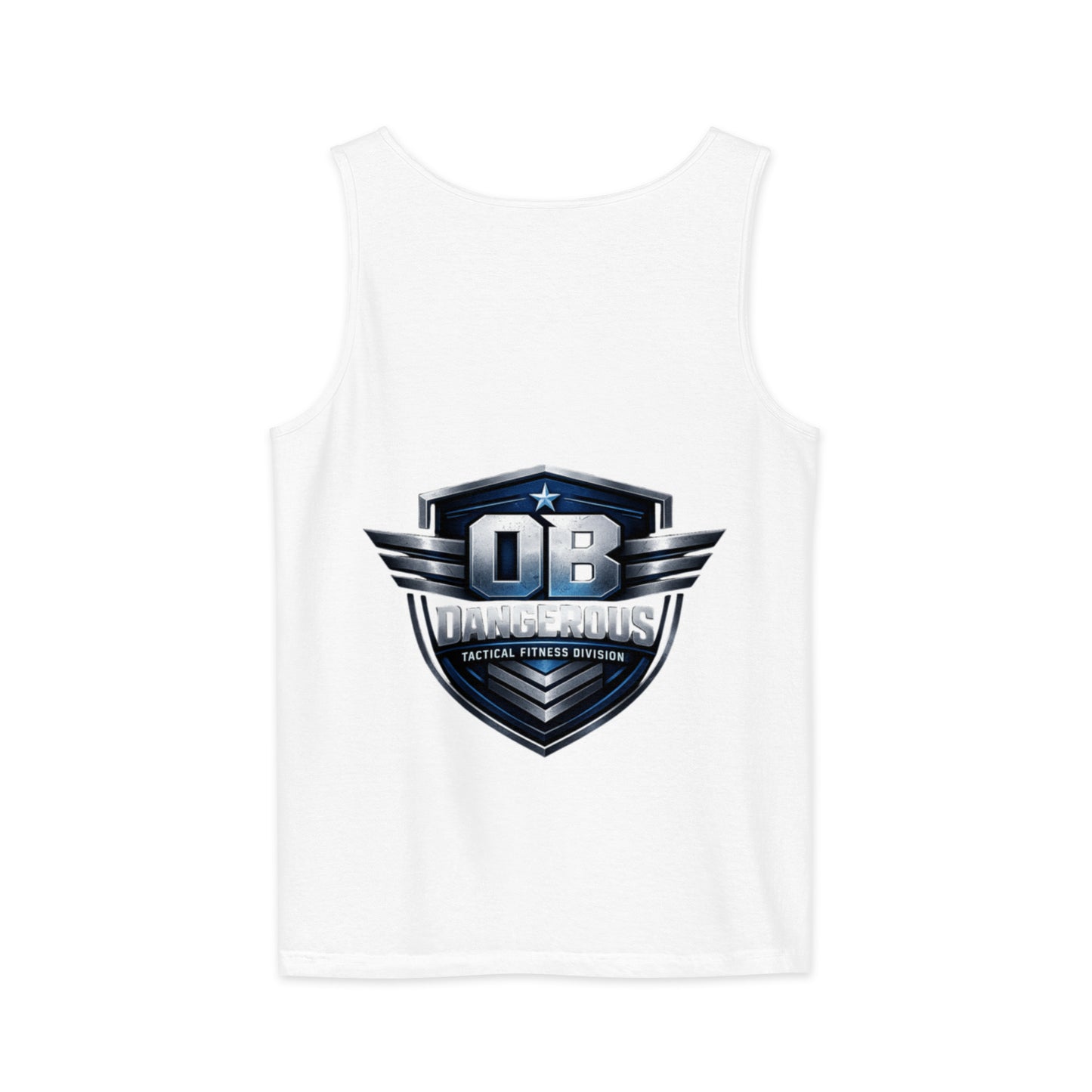 Unisex white tactical fitness garment-dyed tank top by OB DANGEROUS, showing back view with relaxed fit for gym and street wear.