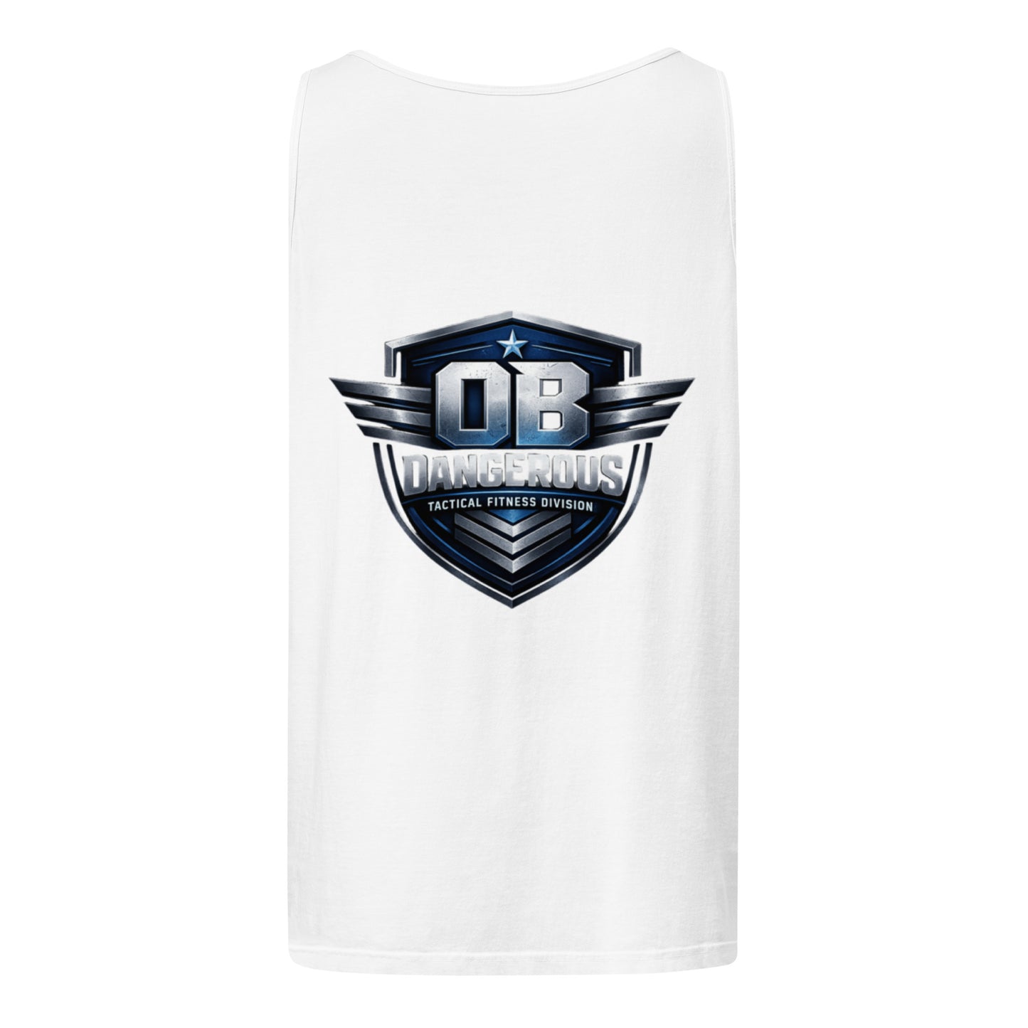Unisex white garment-dyed tactical fitness tank top by OB DANGEROUS, designed for gym and street wear, shown from the back.